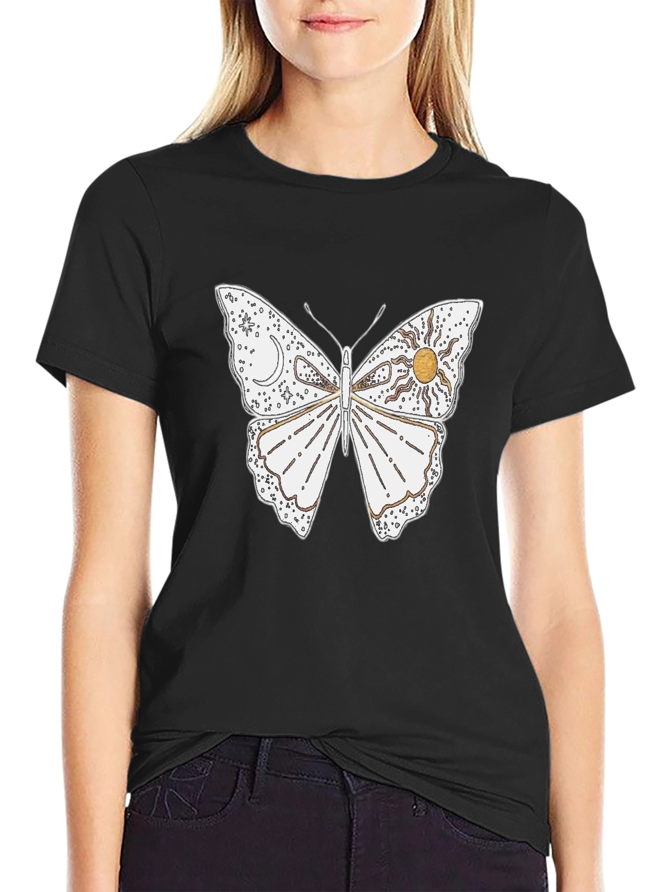 Celestial Butterfly Graphic T-Shirt - Black Cotton