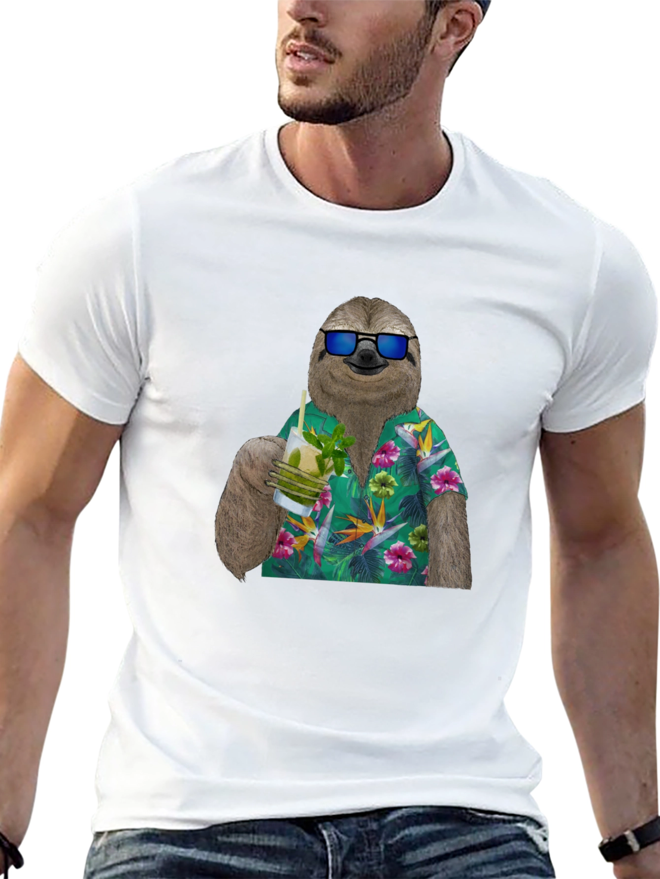 Sloth in Hawaiian Shirt Graphic Tee