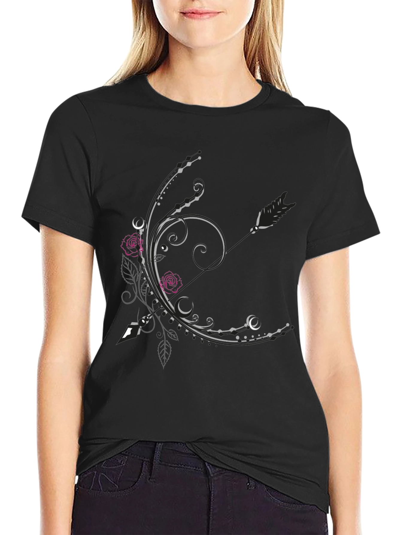 Floral Arrow Graphic Tee - Elegant Black T-Shirt