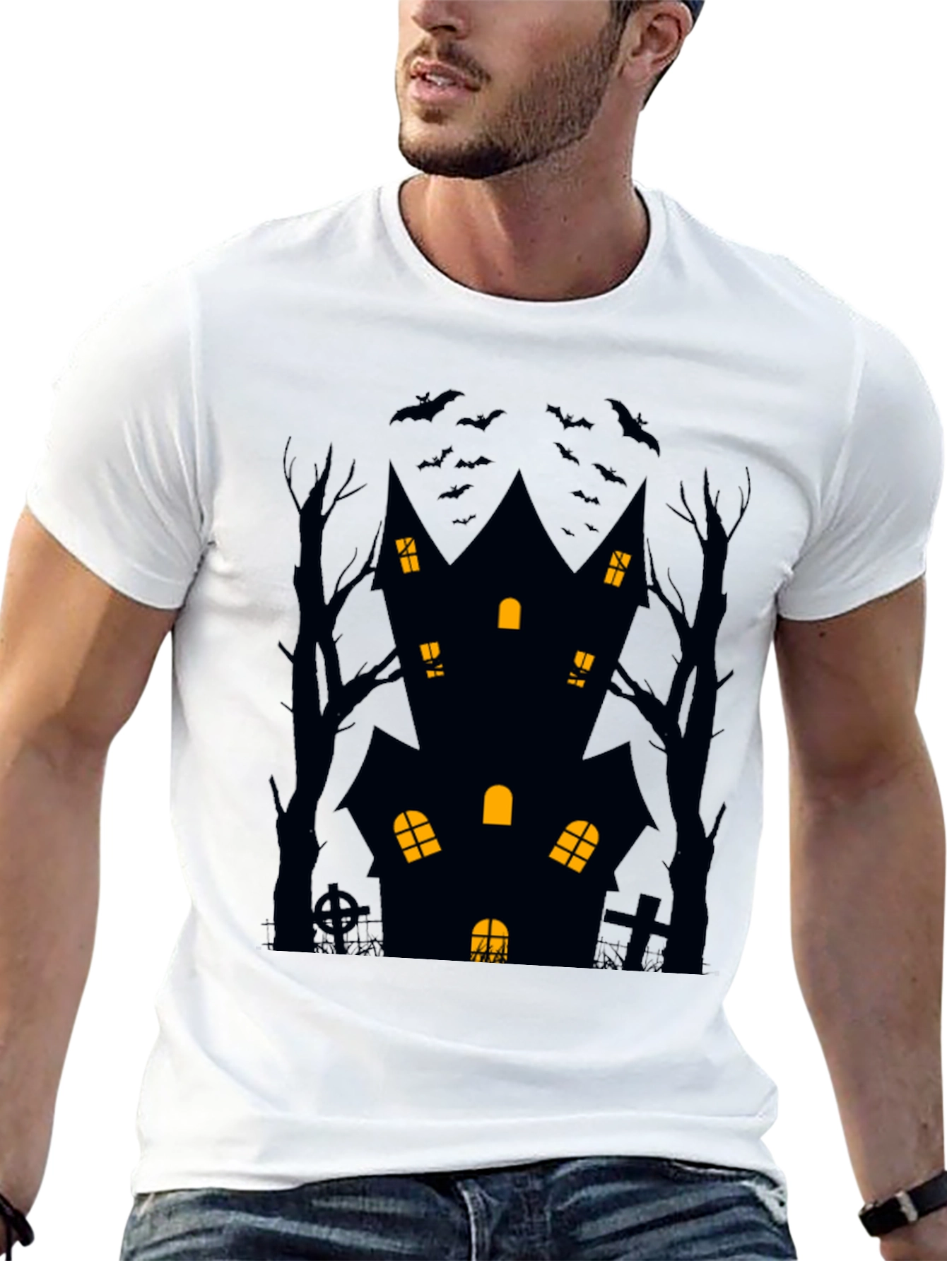 Halloween Haunted House Graphic Tee - Black
