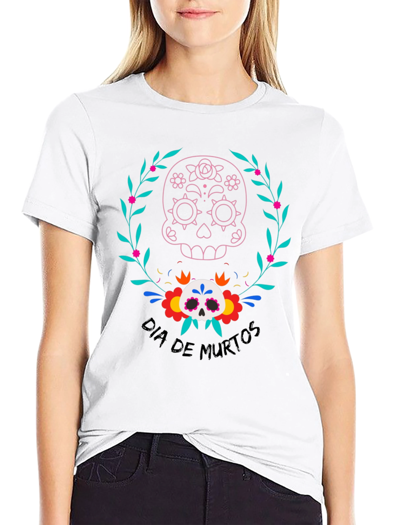 Dia de Muertos Skull Graphic Tee - Black
