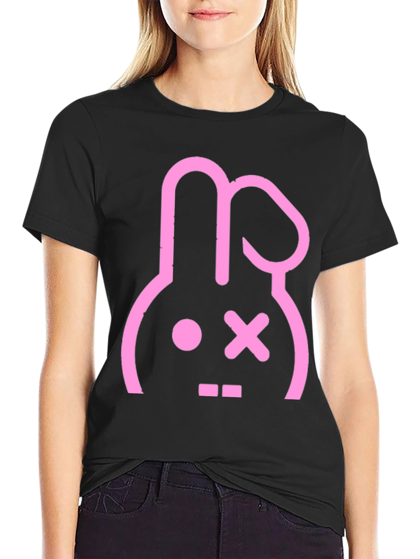 Black T-Shirt with Pink Bunny Graphic