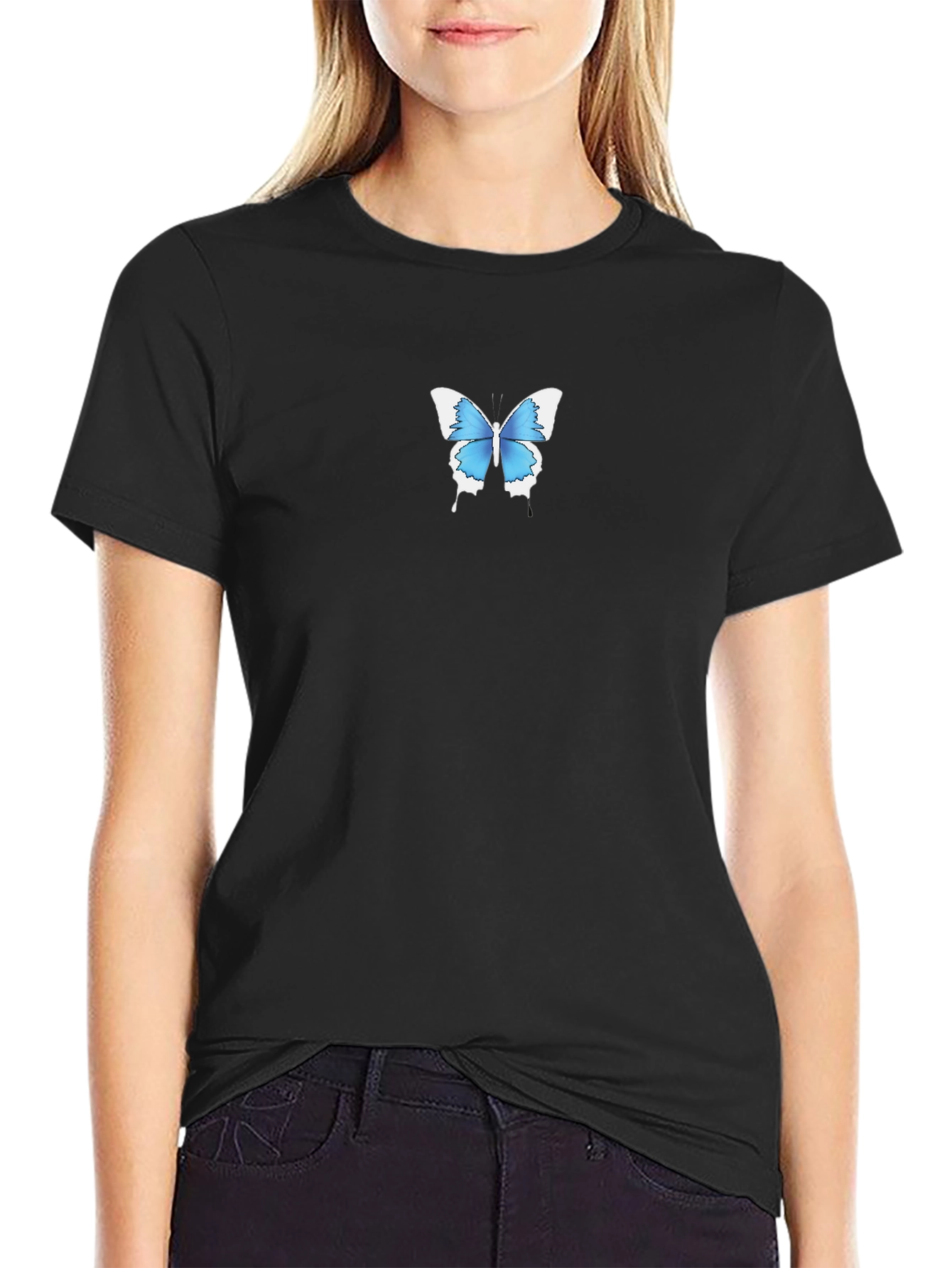 Mens Black T-Shirt with Blue Butterfly Graphic