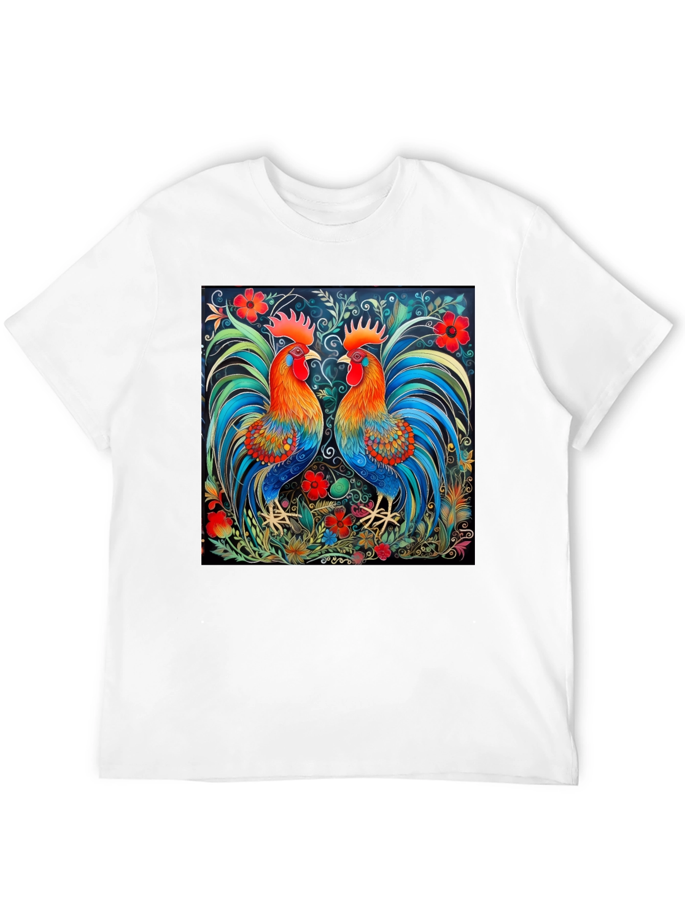 Rooster Art Print Black T-Shirt - Stylish Graphic Tee