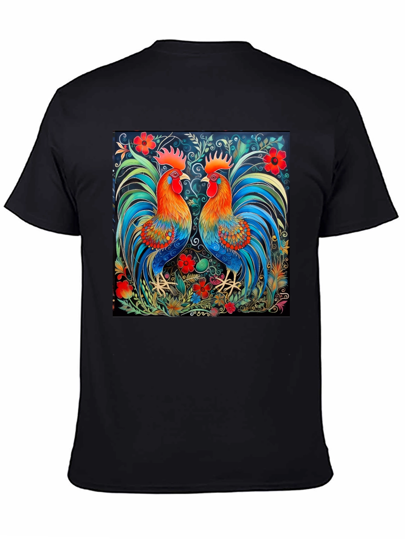 Rooster Art Print Black T-Shirt - Stylish Graphic Tee