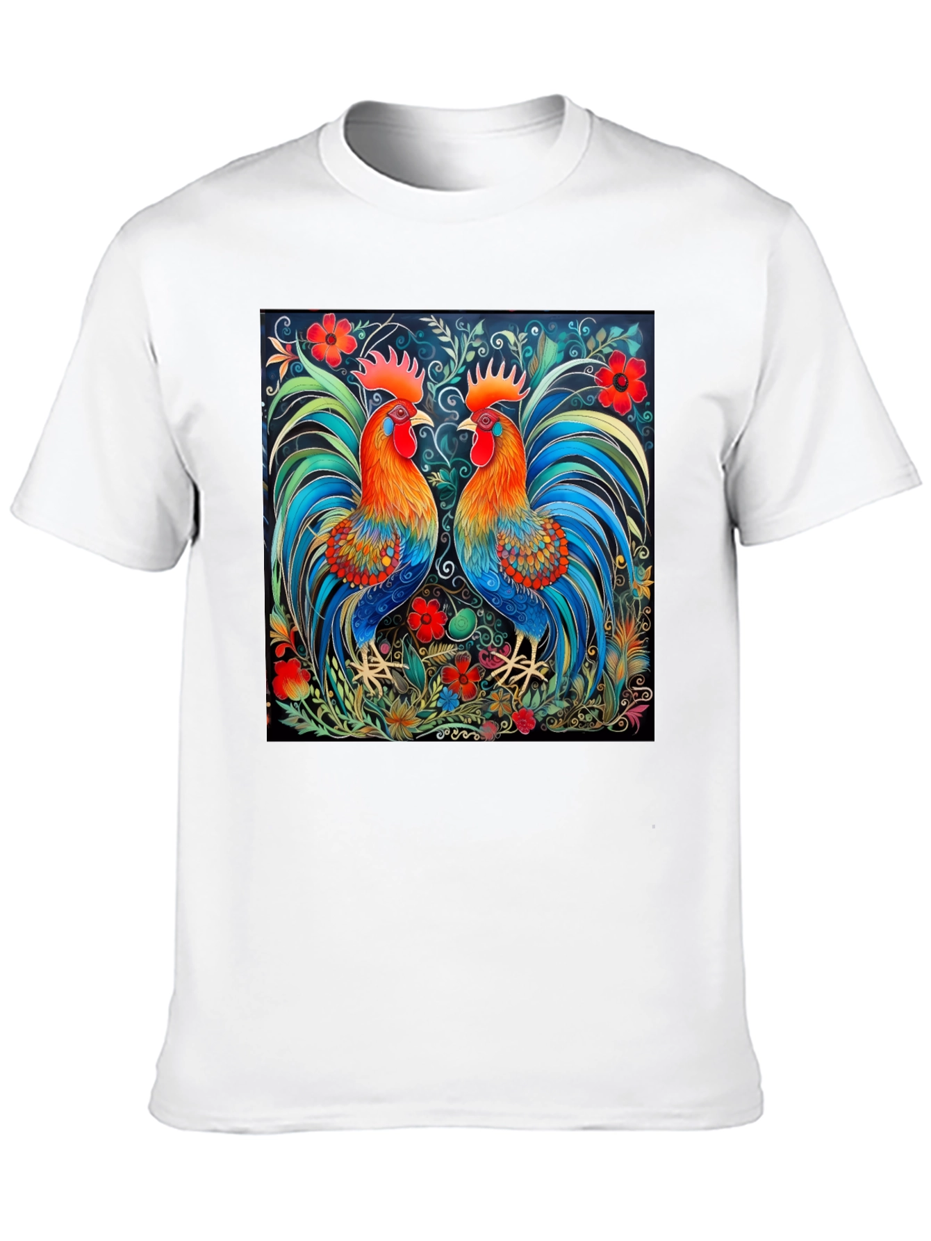 Rooster Art Print Black T-Shirt - Stylish Graphic Tee