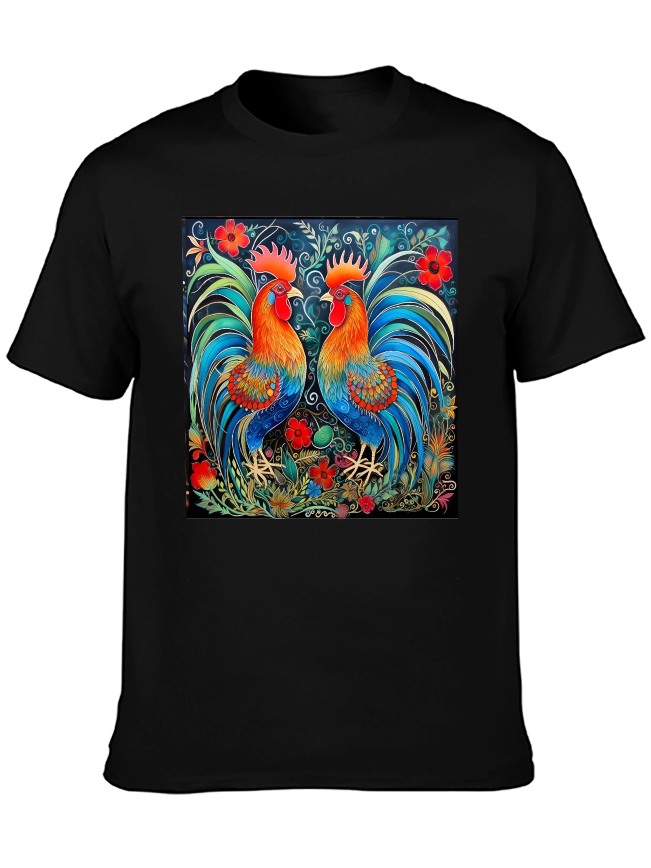 Rooster Art Print Black T-Shirt - Stylish Graphic Tee