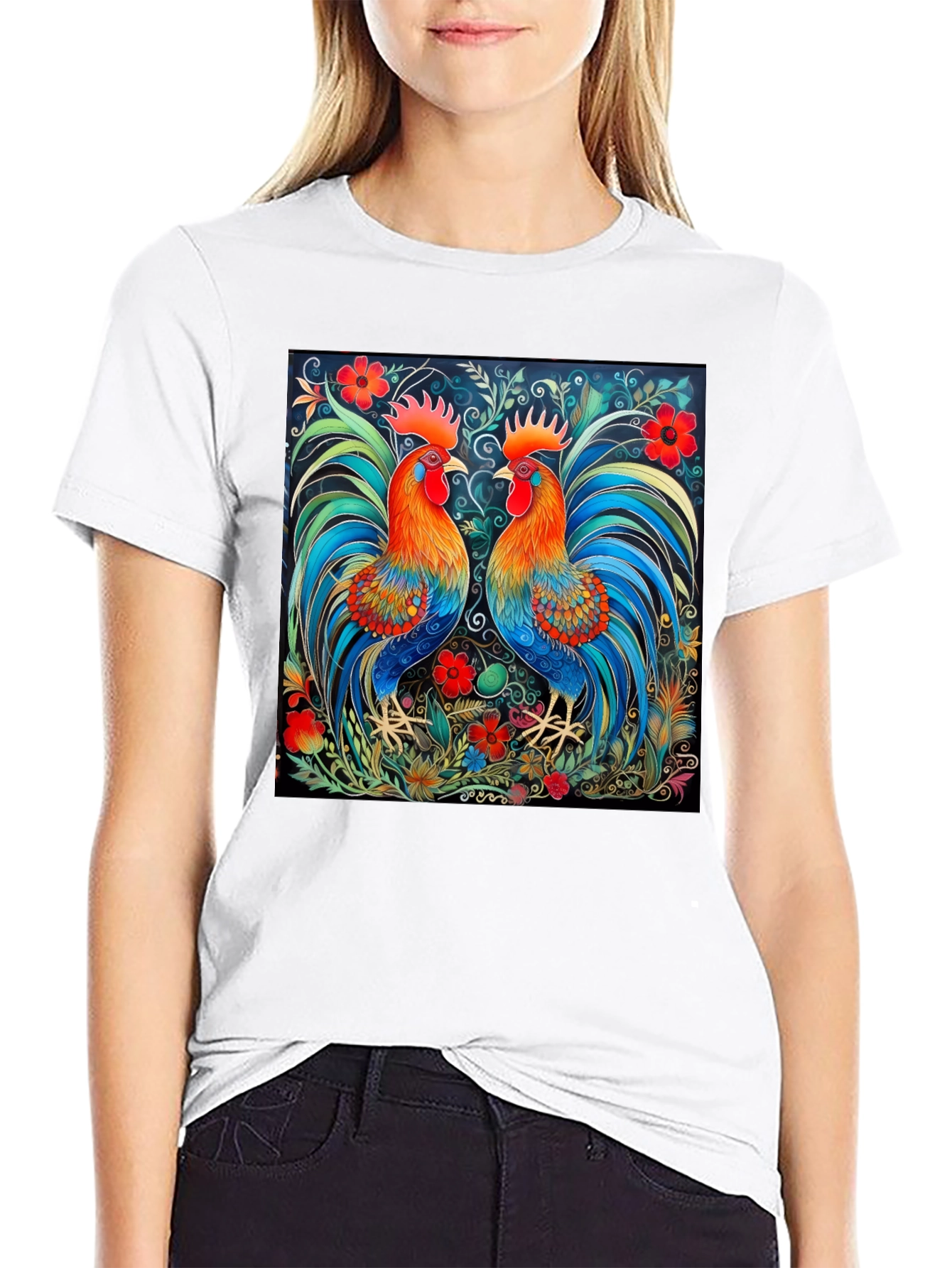 Rooster Art Print Black T-Shirt - Stylish Graphic Tee