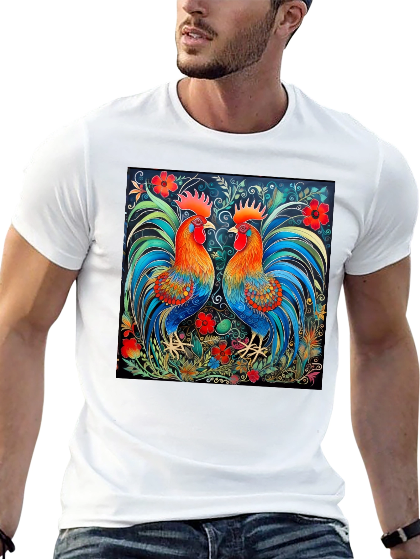 Rooster Art Print Black T-Shirt - Stylish Graphic Tee