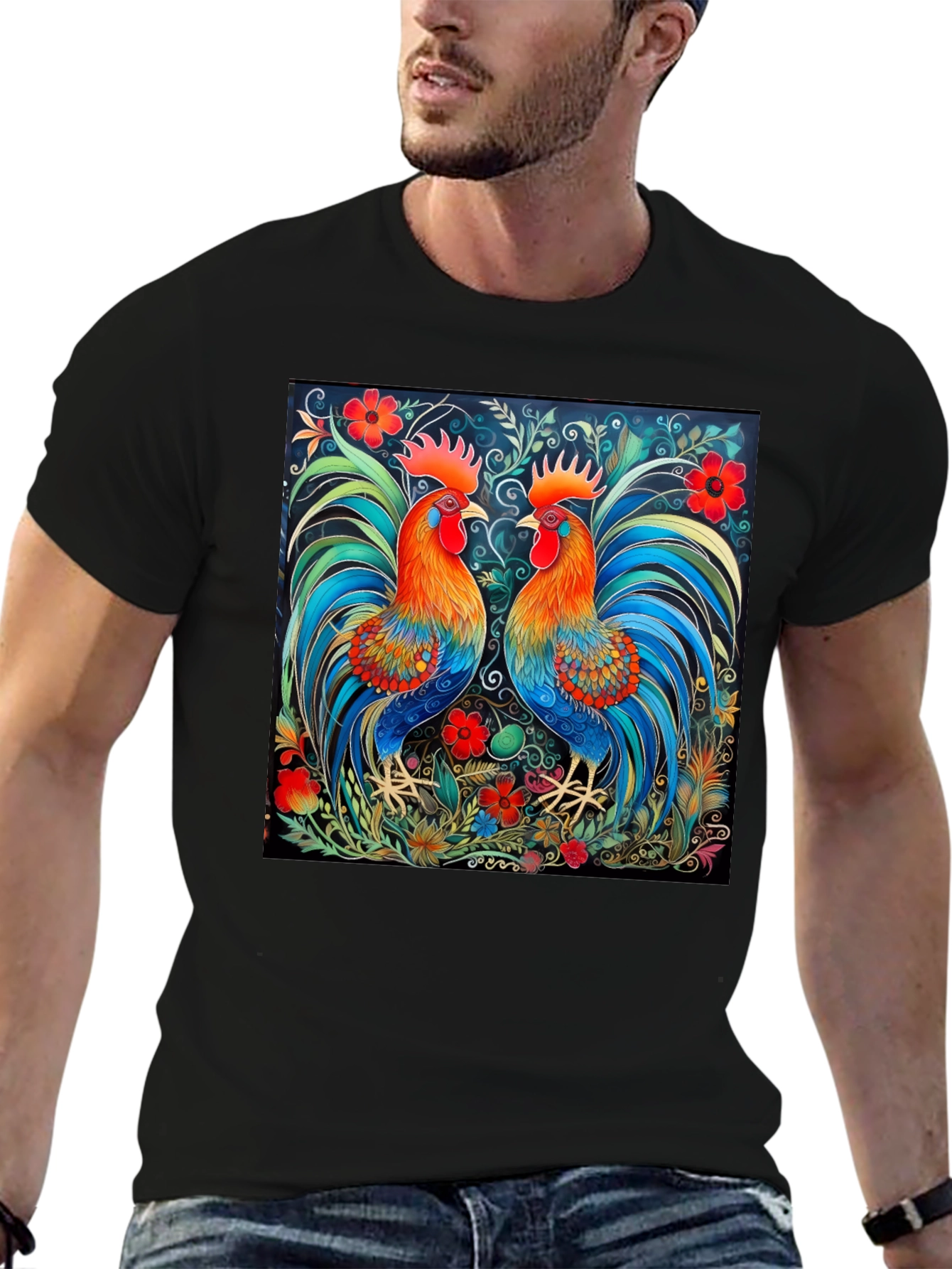 Rooster Art Print Black T-Shirt - Stylish Graphic Tee
