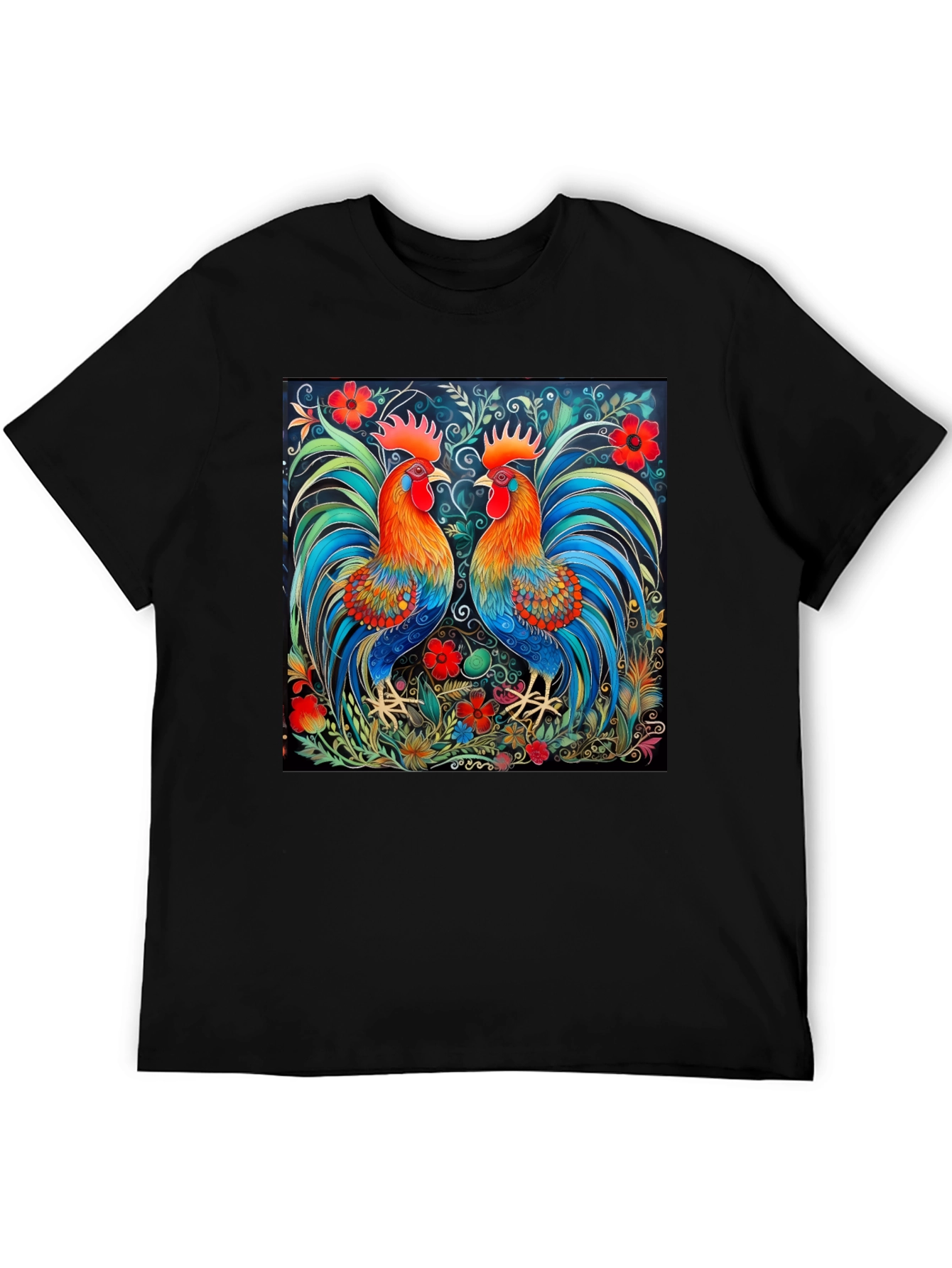 Rooster Art Print Black T-Shirt - Stylish Graphic Tee