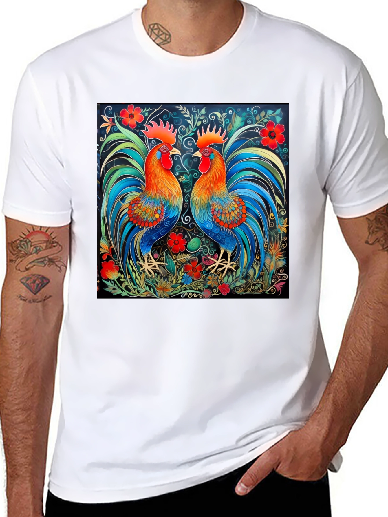 Rooster Art Print Black T-Shirt - Stylish Graphic Tee