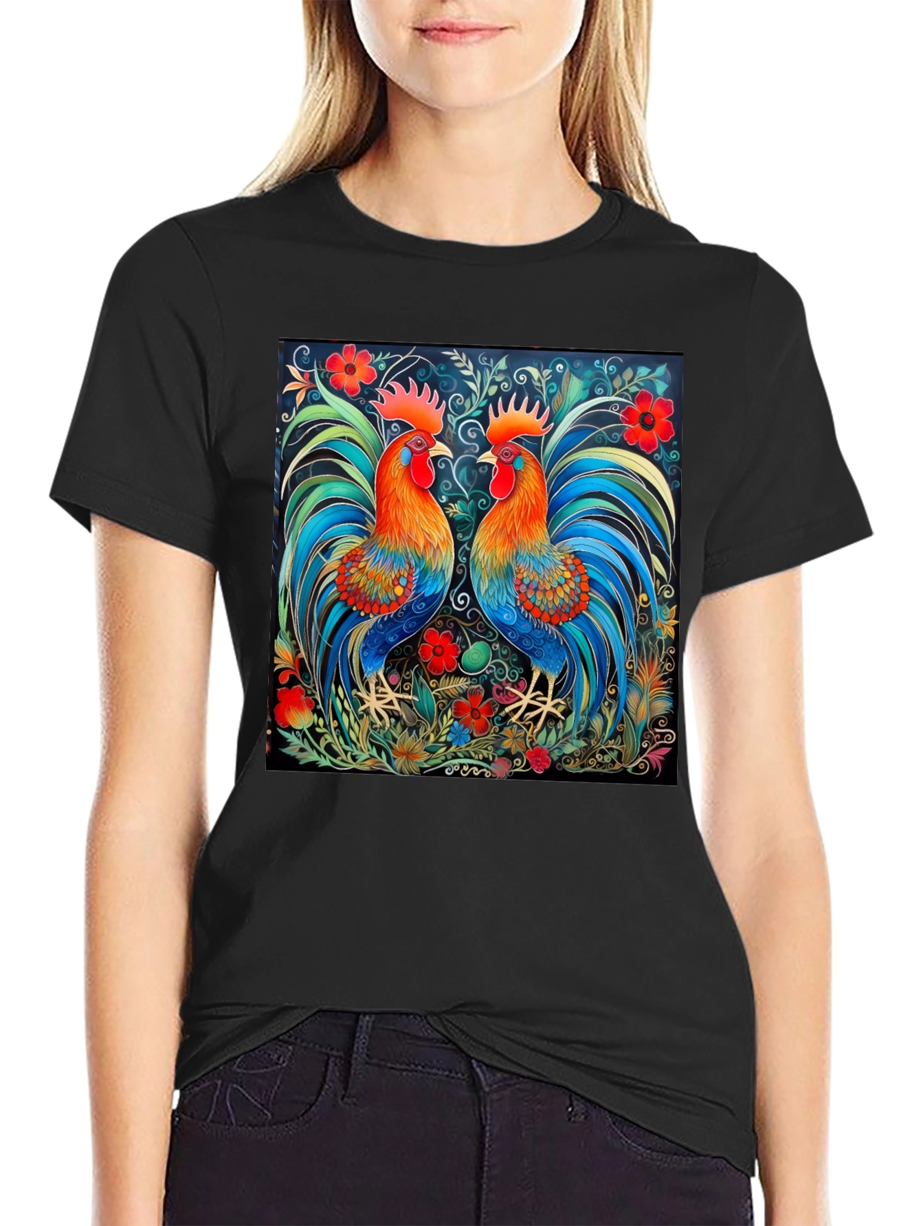 Rooster Art Print Black T-Shirt - Stylish Graphic Tee