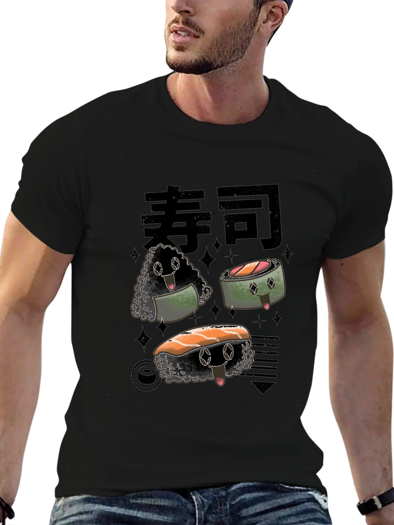 Sushi Cartoon Graphic Black Tee