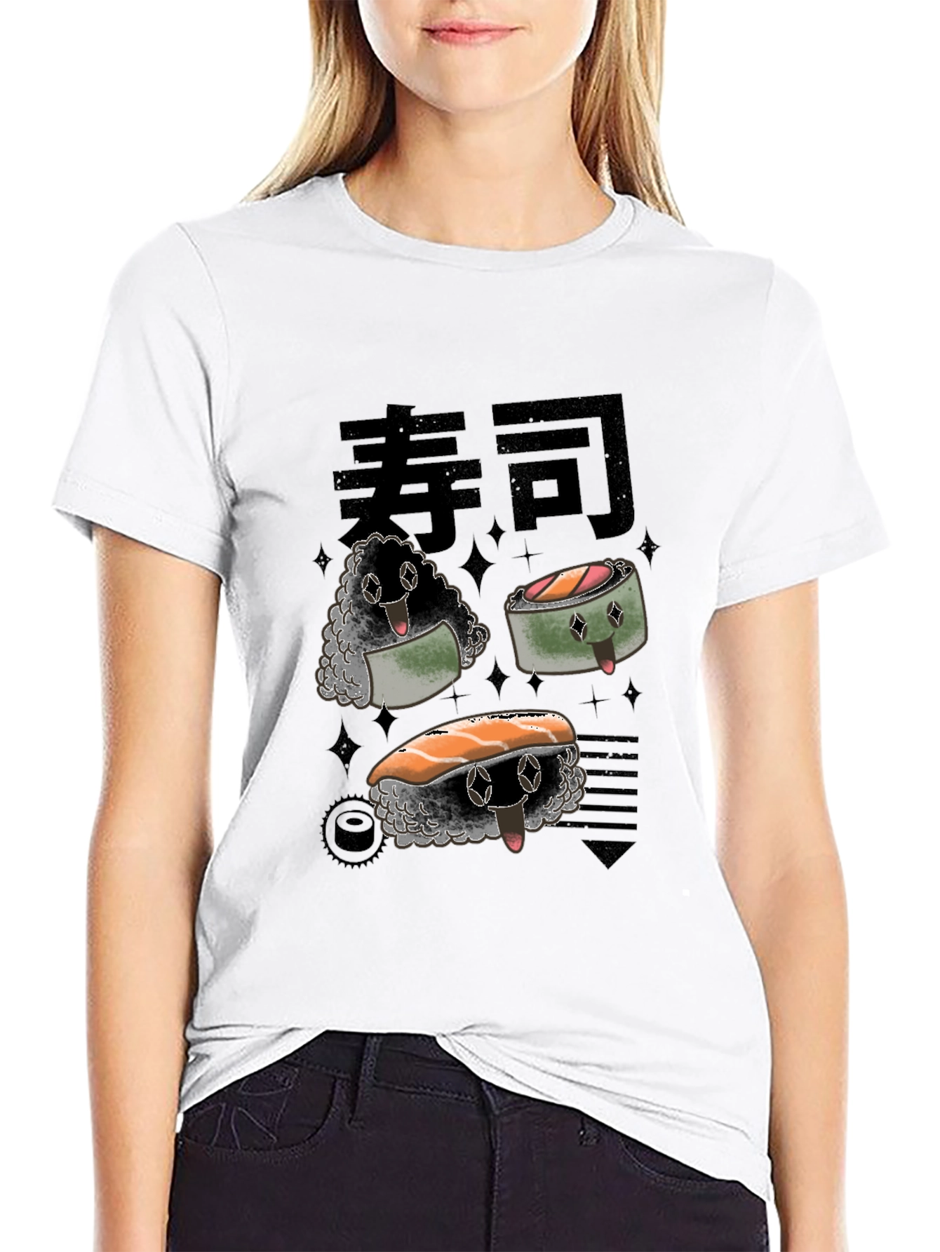 Sushi Cartoon Graphic Black Tee