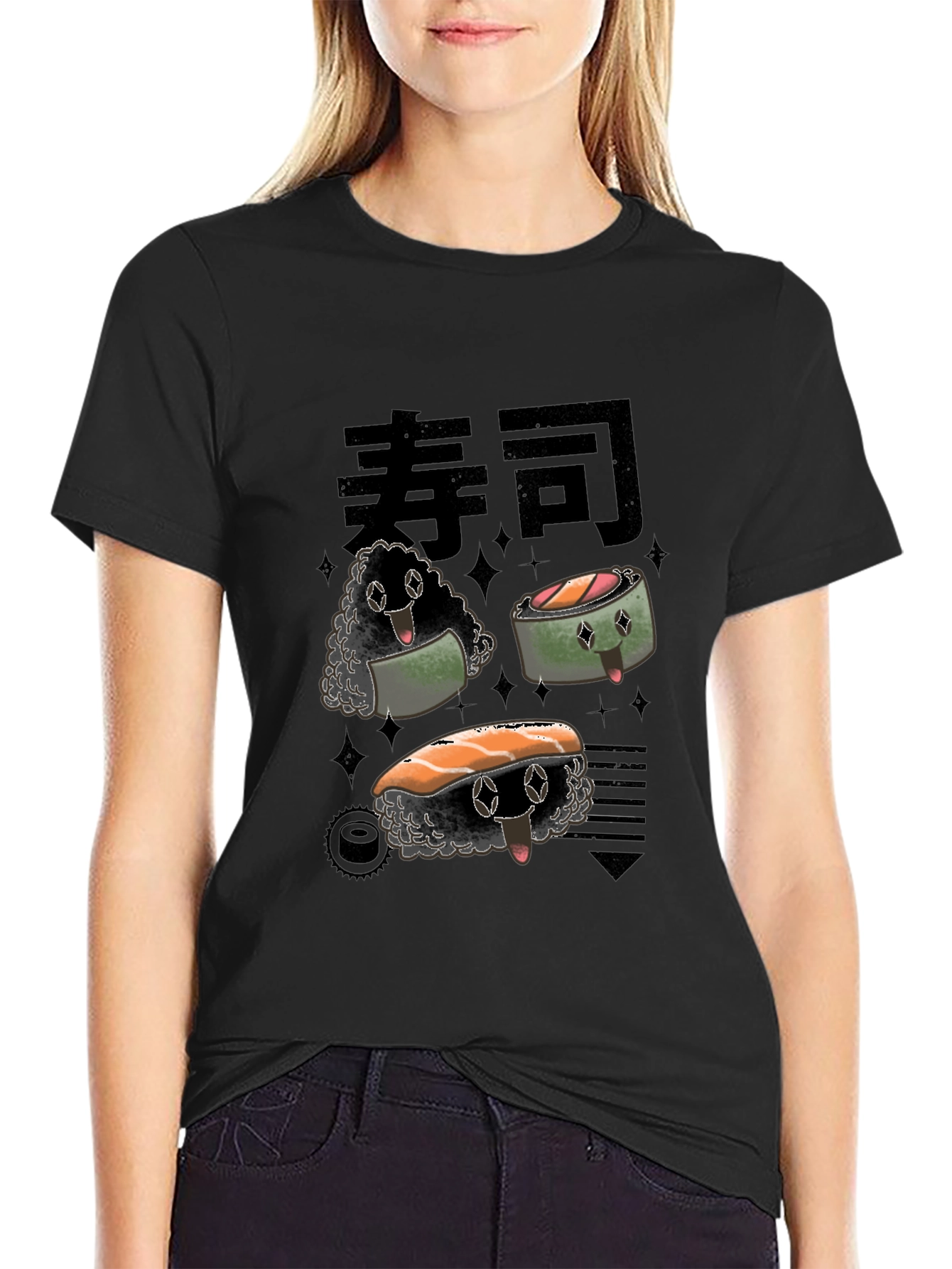 Sushi Cartoon Graphic Black Tee