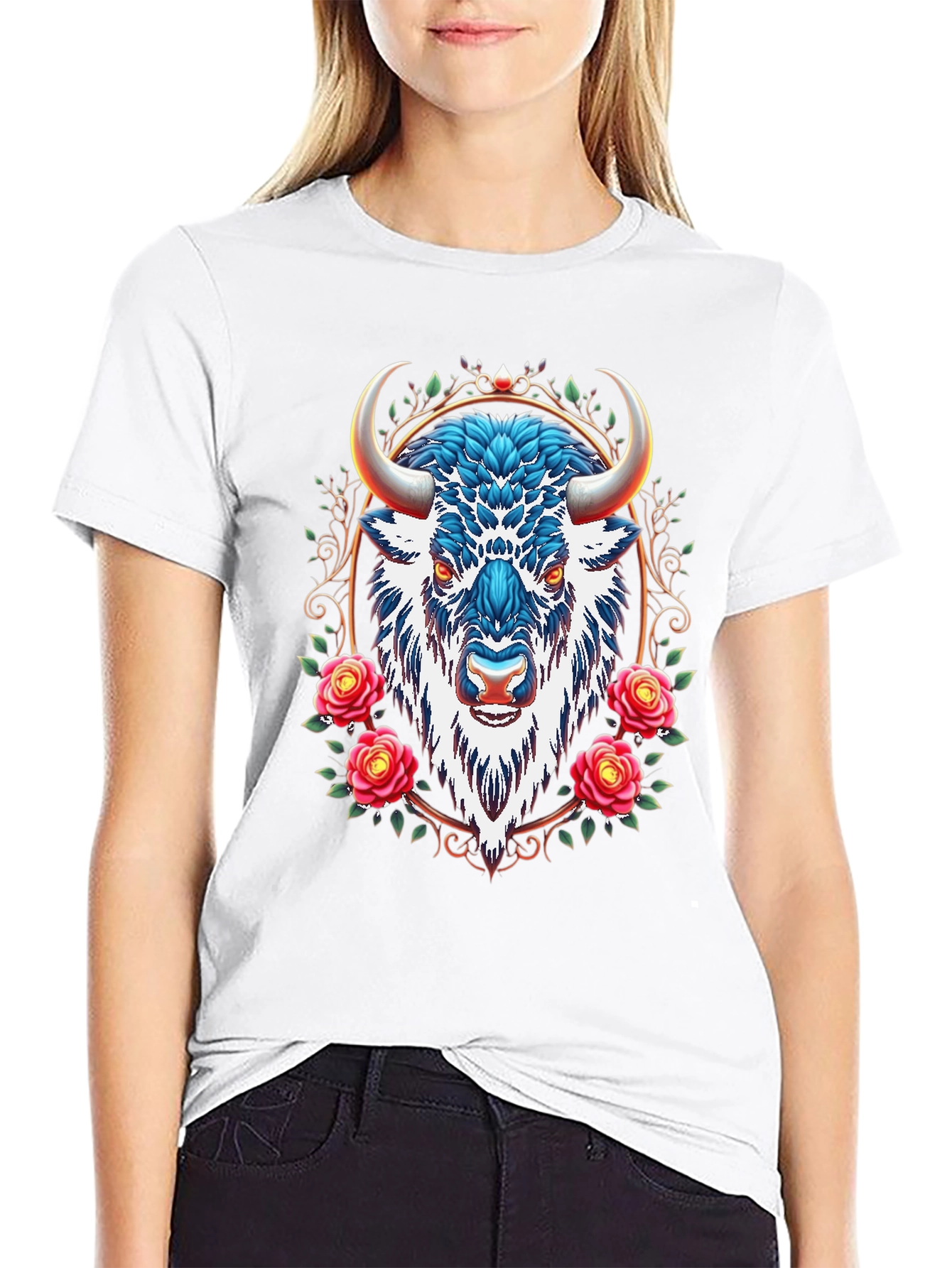 Buffalo Rose Graphic Tee - Cool Animal Design
