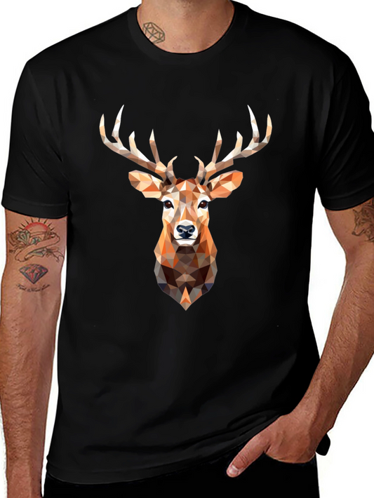 Geometric Deer Head Graphic Print Black T-Shirt