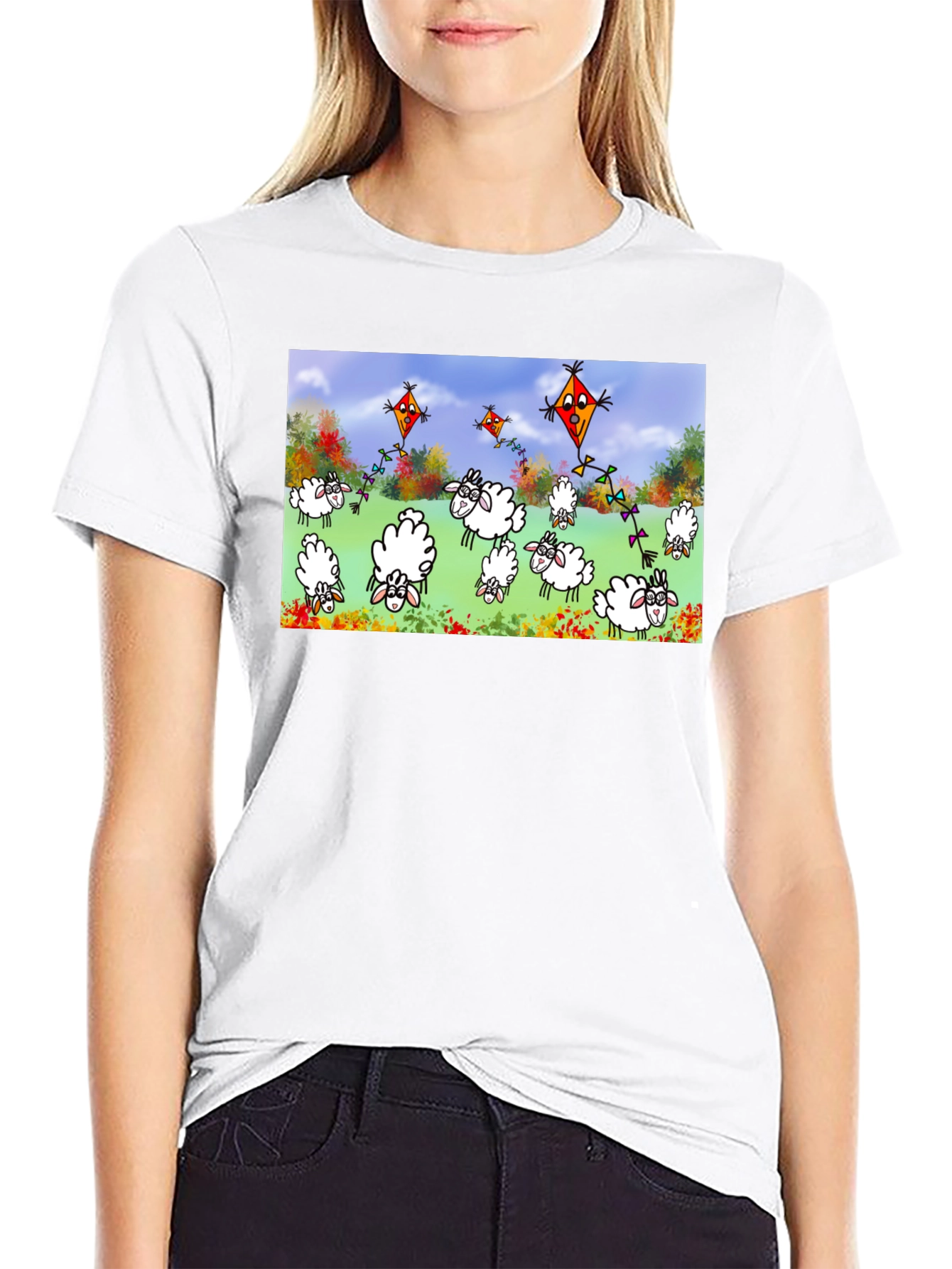 Cartoon Sheep & Kite Print Black Tee