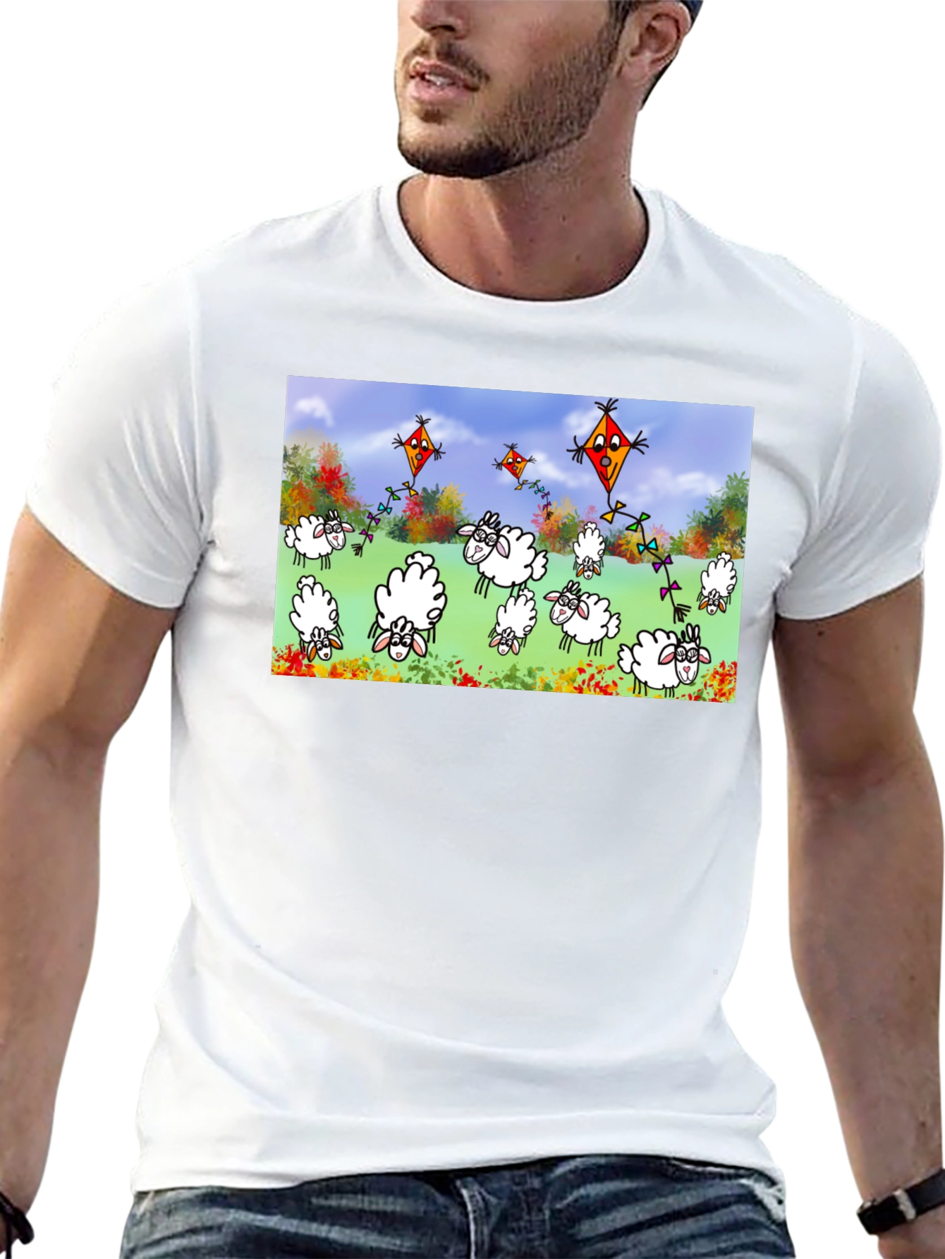 Cartoon Sheep & Kite Print Black Tee