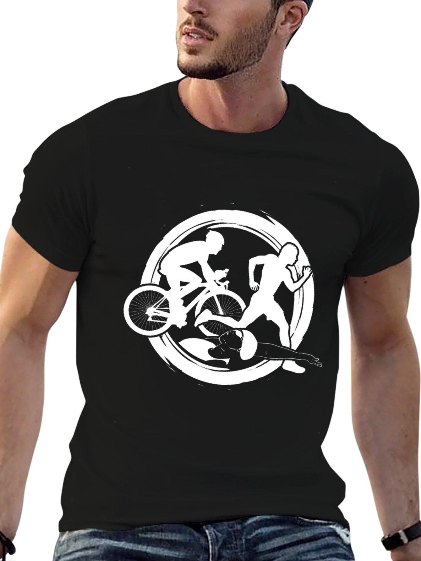 Triathlon Black T-Shirt: Swim Bike Run Design