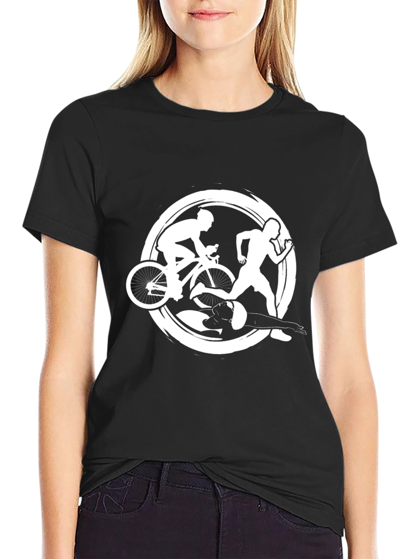 Triathlon Black T-Shirt: Swim Bike Run Design