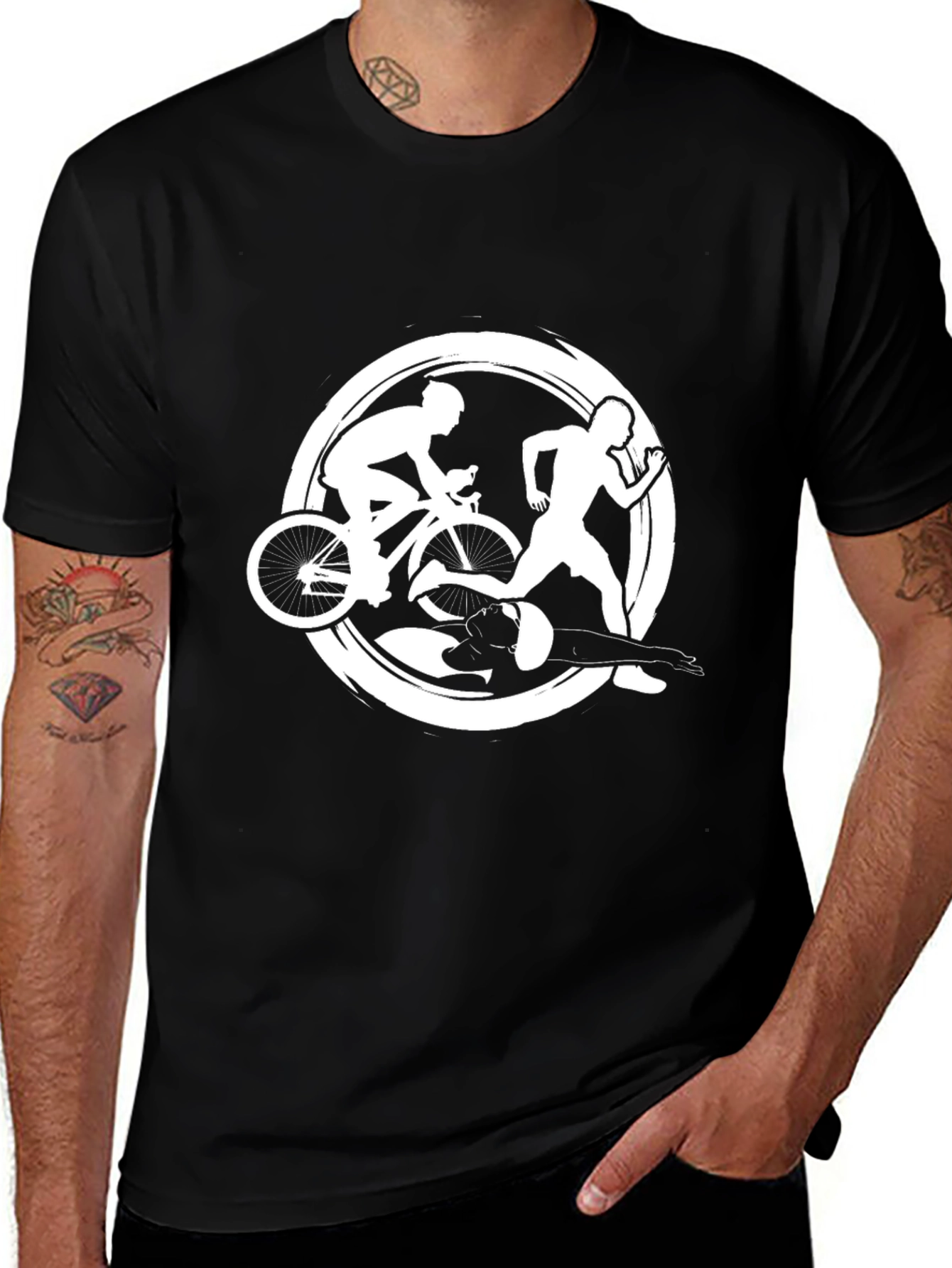 Triathlon Black T-Shirt: Swim Bike Run Design
