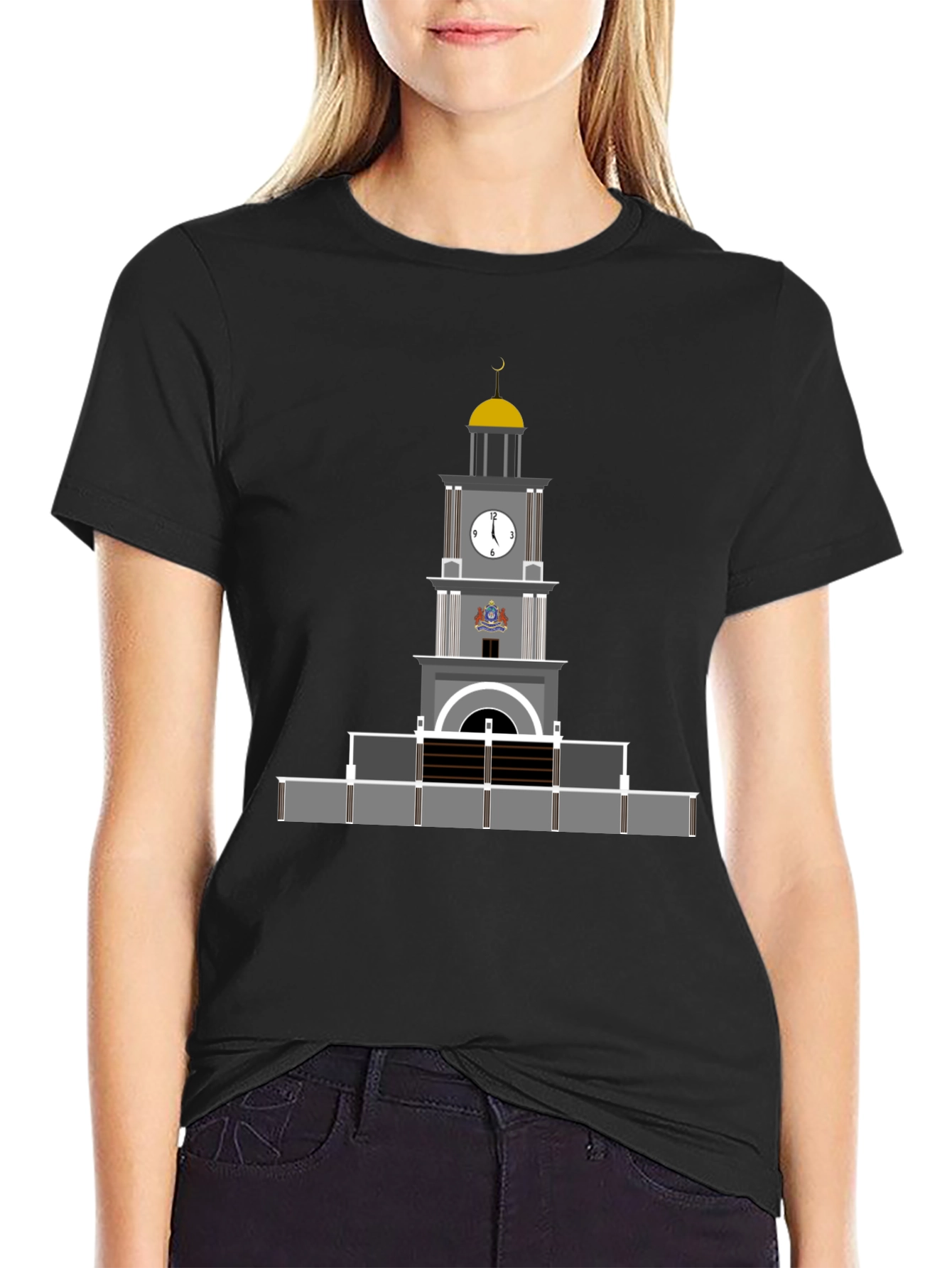 Black T-Shirt with Clock Tower Graphic
