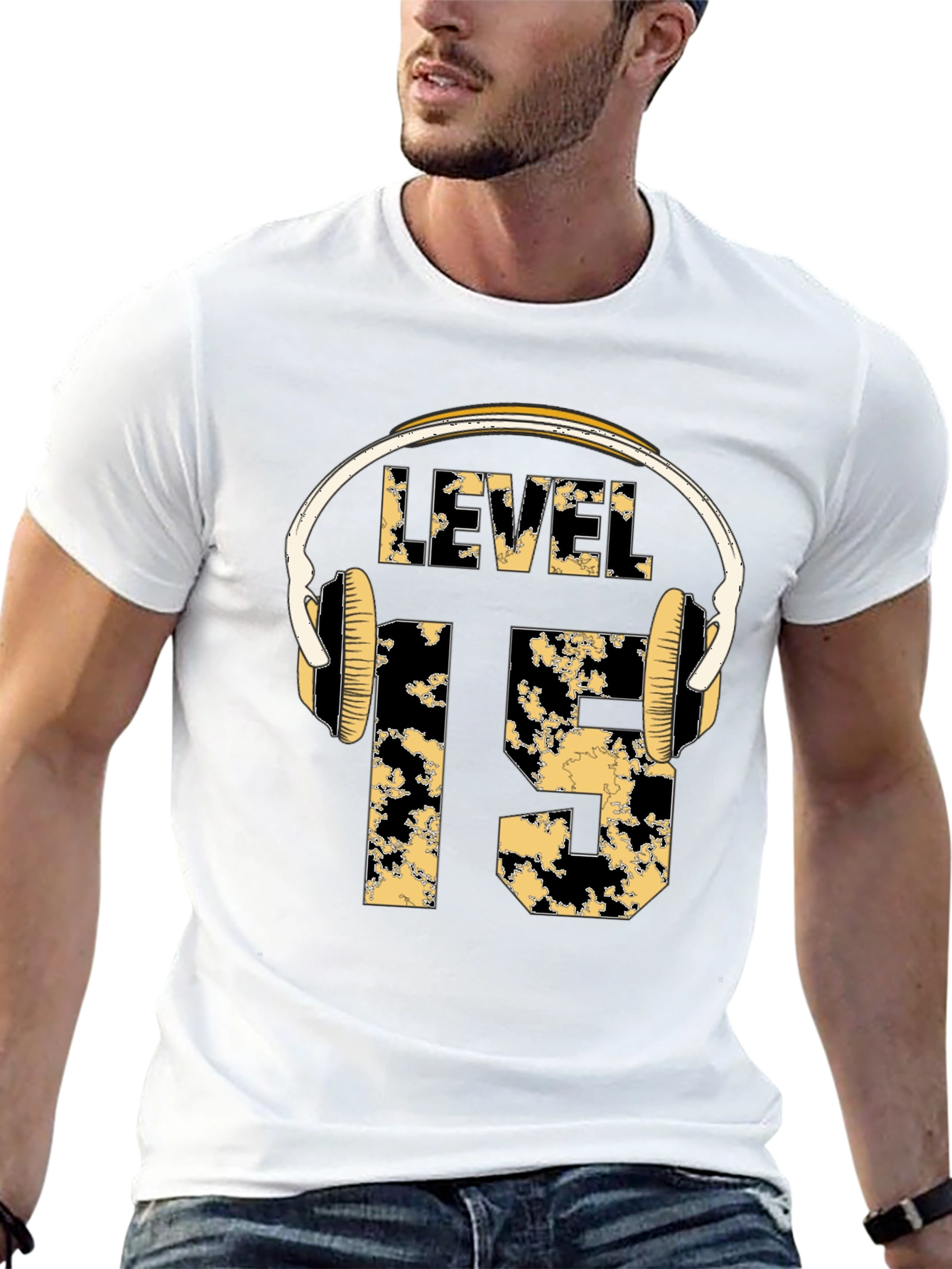 Level 15 Gamer T-Shirt with Headphone Design
