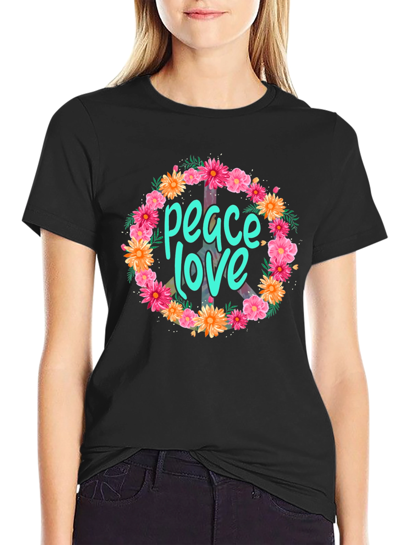 Peace & Love Floral Wreath Graphic Tee