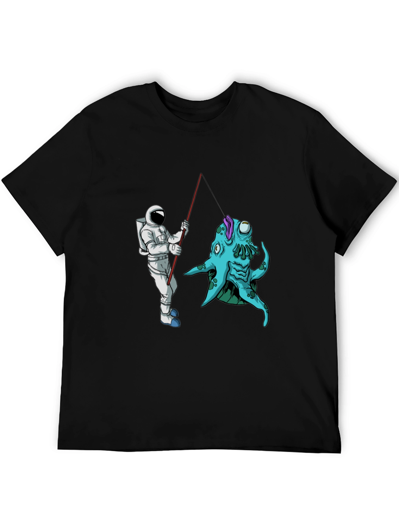 Astronaut Fishing Alien Creature Black T-Shirt