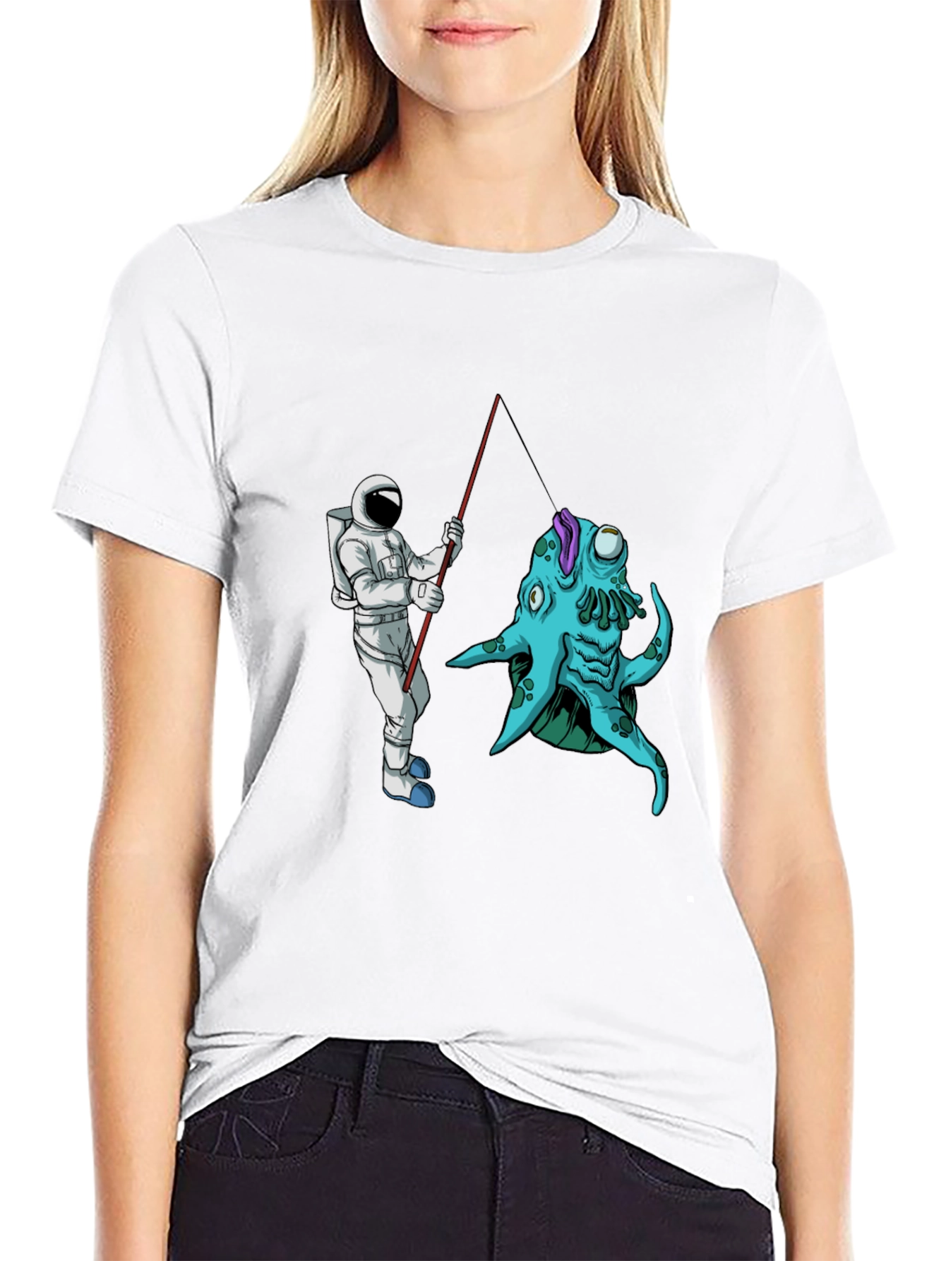 Astronaut Fishing Alien Creature Black T-Shirt