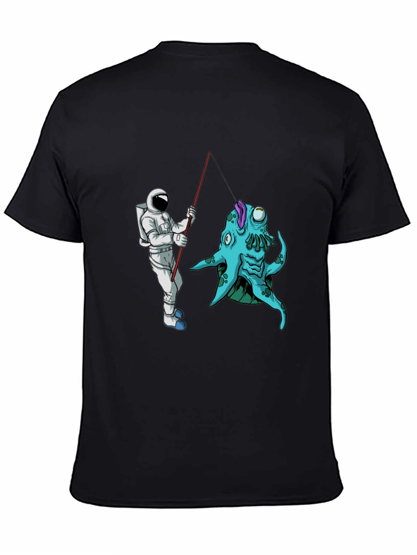 Astronaut Fishing Alien Creature Black T-Shirt
