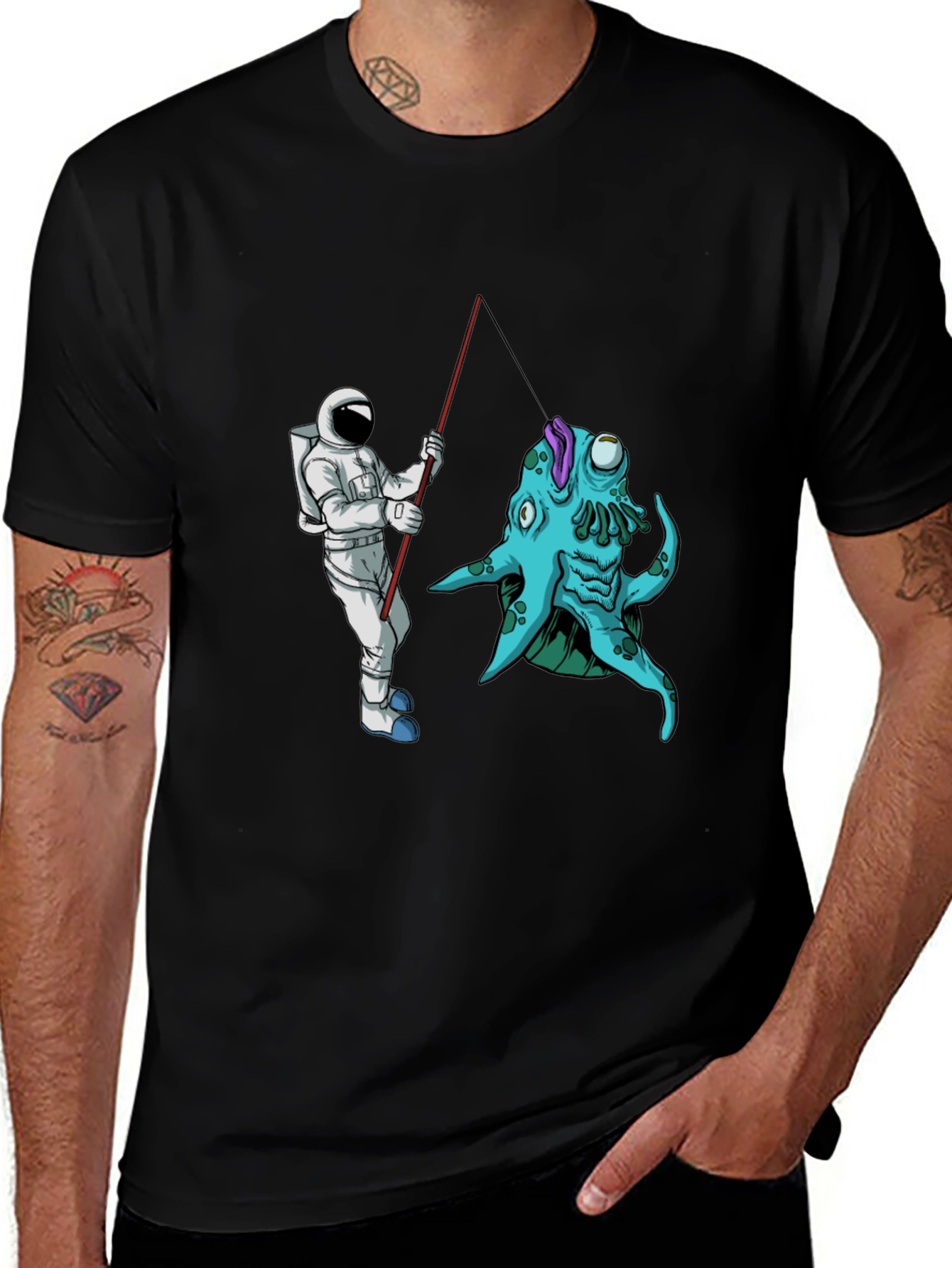 Astronaut Fishing Alien Creature Black T-Shirt