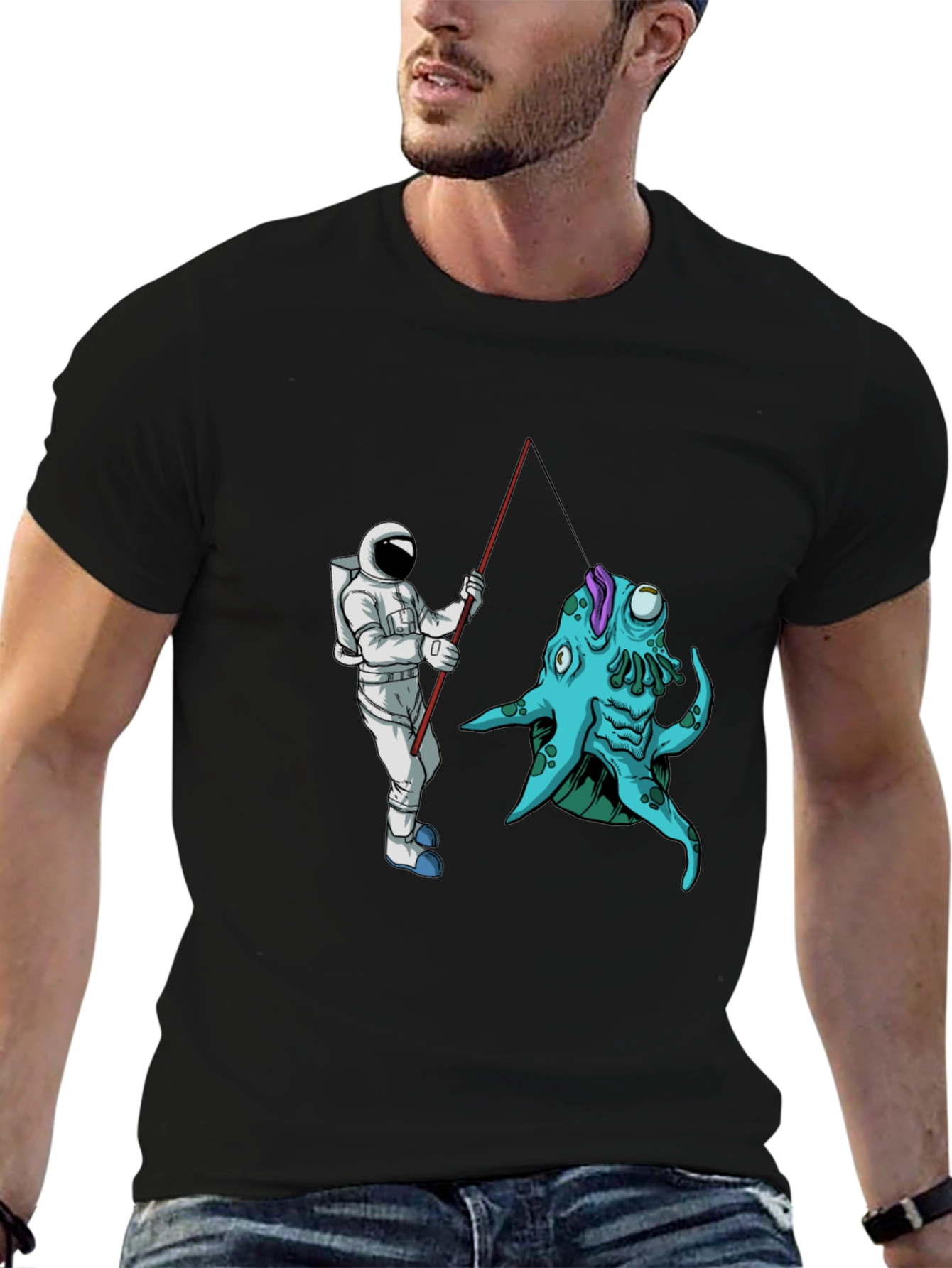 Astronaut Fishing Alien Creature Black T-Shirt