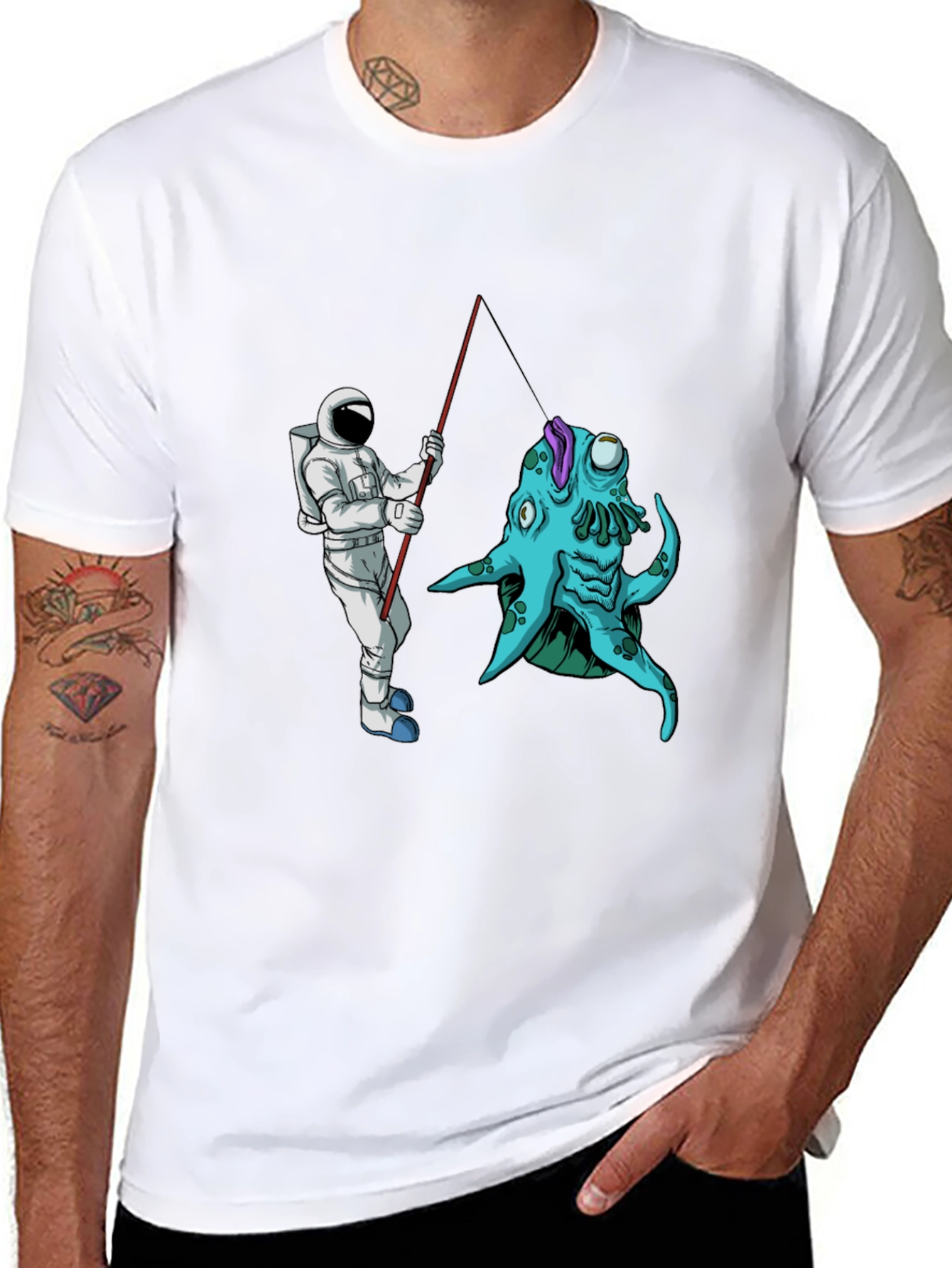 Astronaut Fishing Alien Creature Black T-Shirt