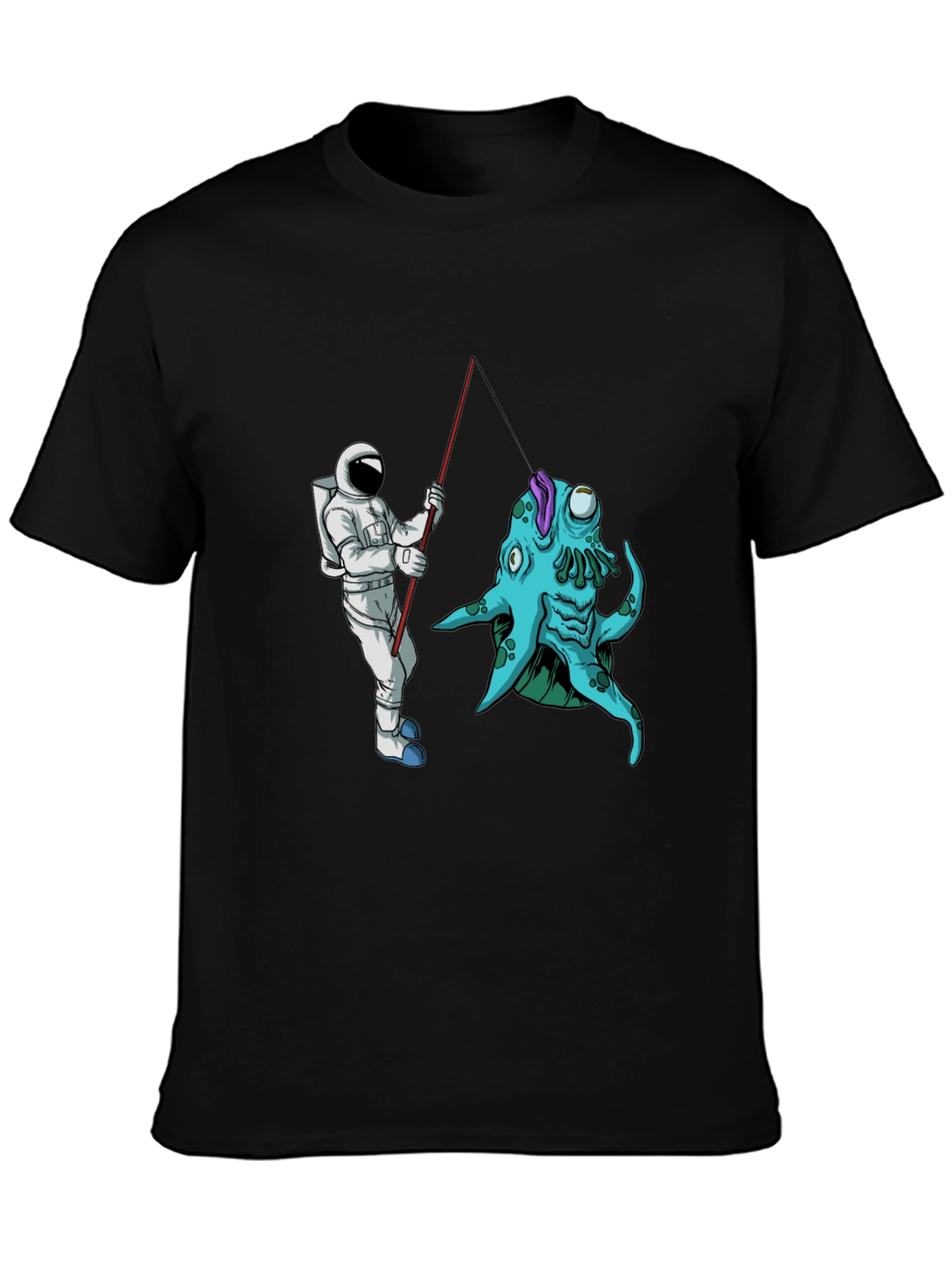 Astronaut Fishing Alien Creature Black T-Shirt