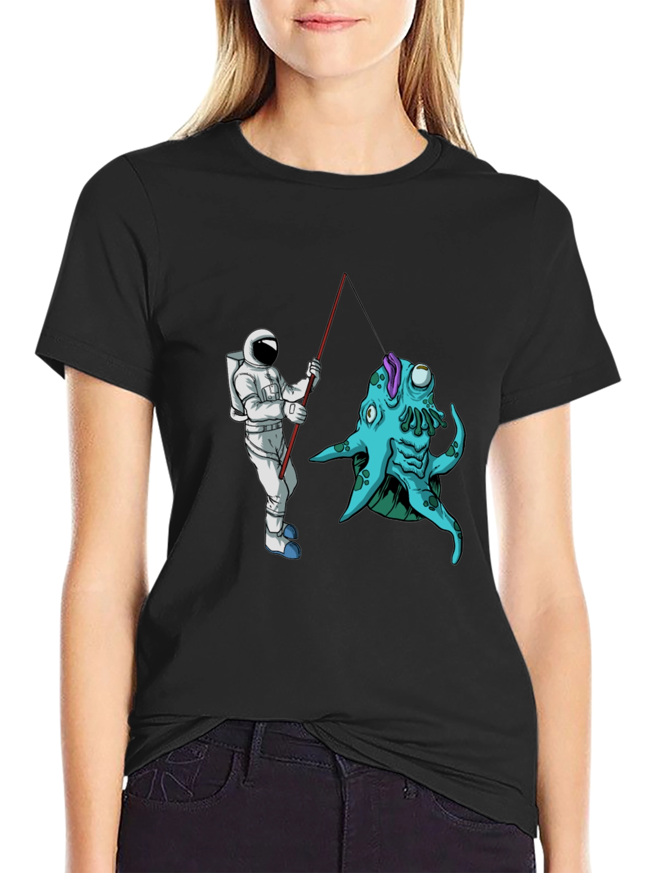 Astronaut Fishing Alien Creature Black T-Shirt