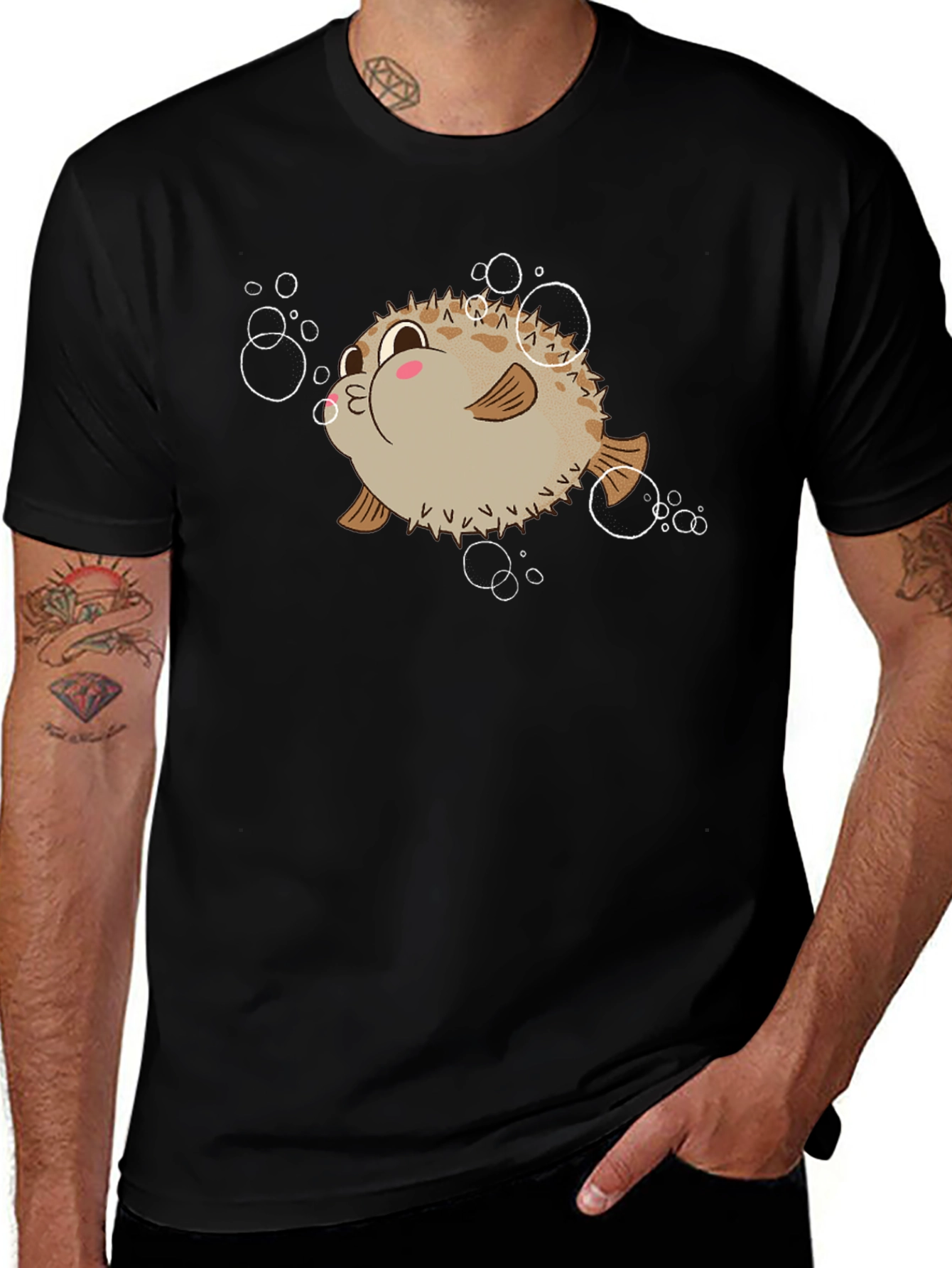 Cute Pufferfish Cartoon Graphic Tee - Black T-Shirt