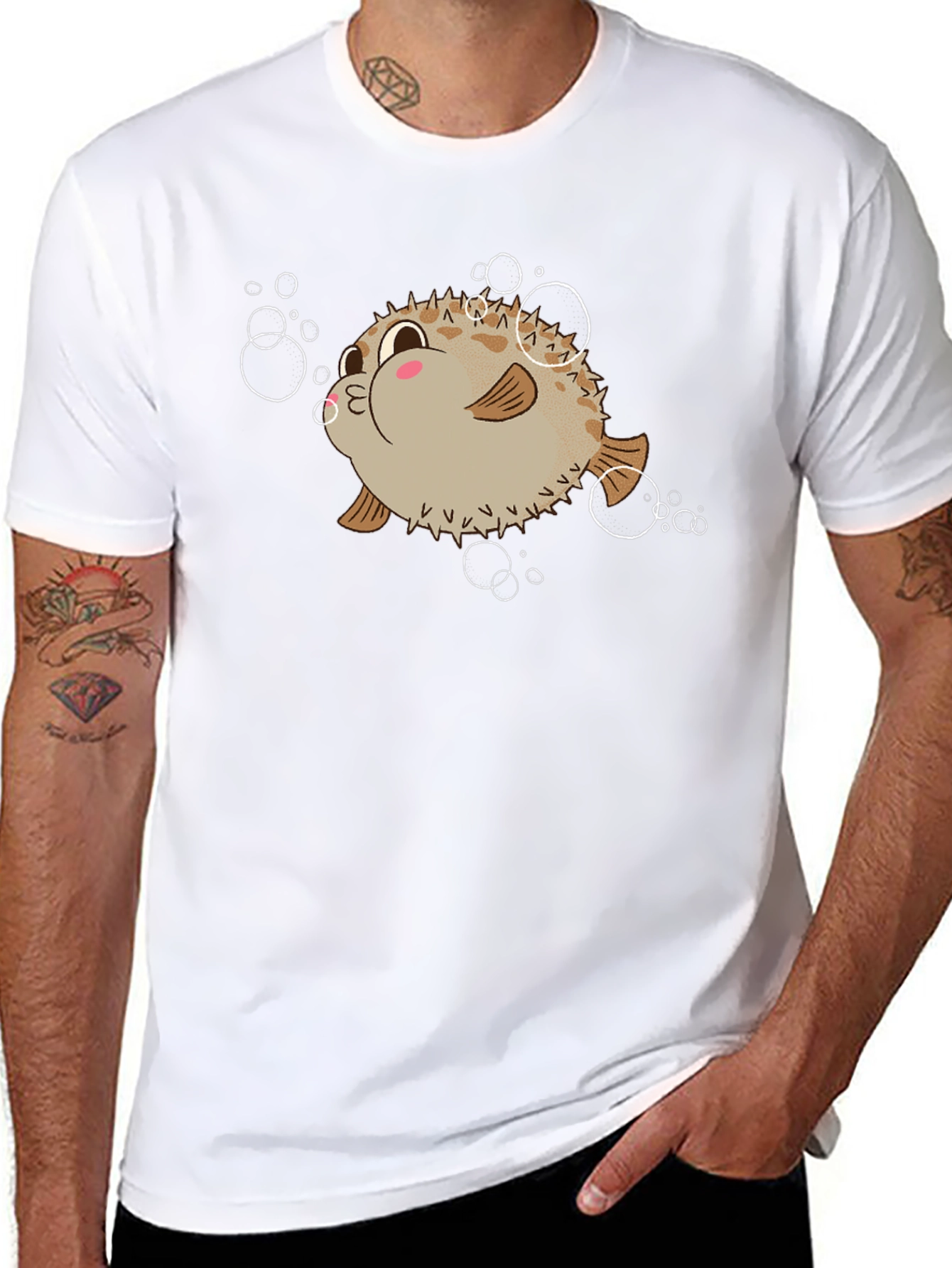 Cute Pufferfish Cartoon Graphic Tee - Black T-Shirt