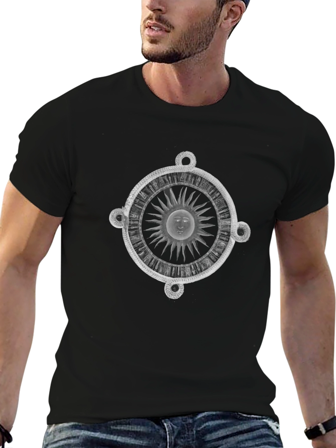 Celestial Sun Serpent Graphic Tee - Black