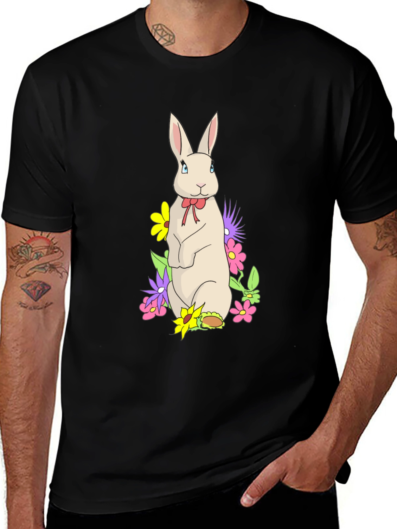 Rabbit & Flowers Black T-Shirt