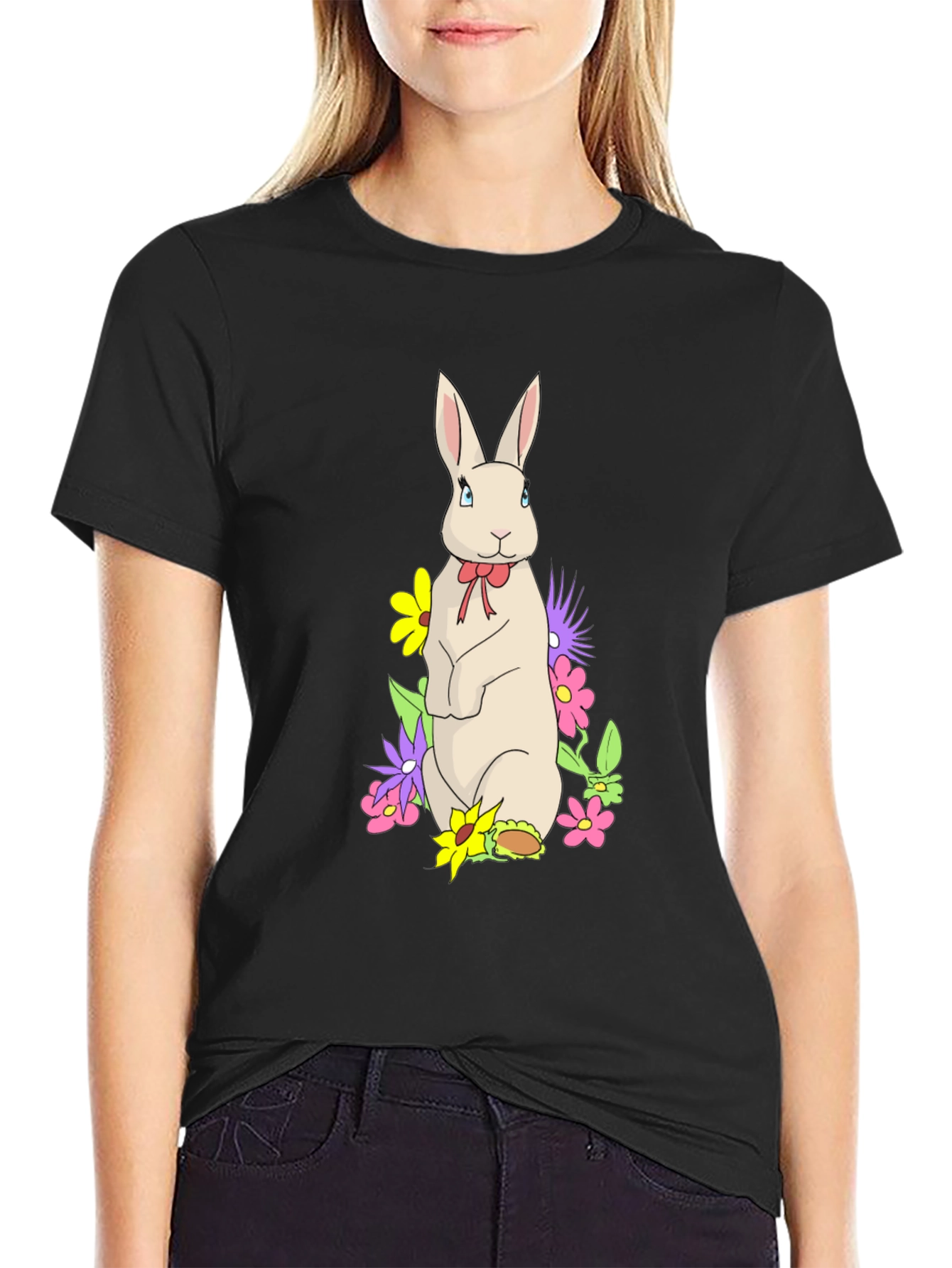 Rabbit & Flowers Black T-Shirt