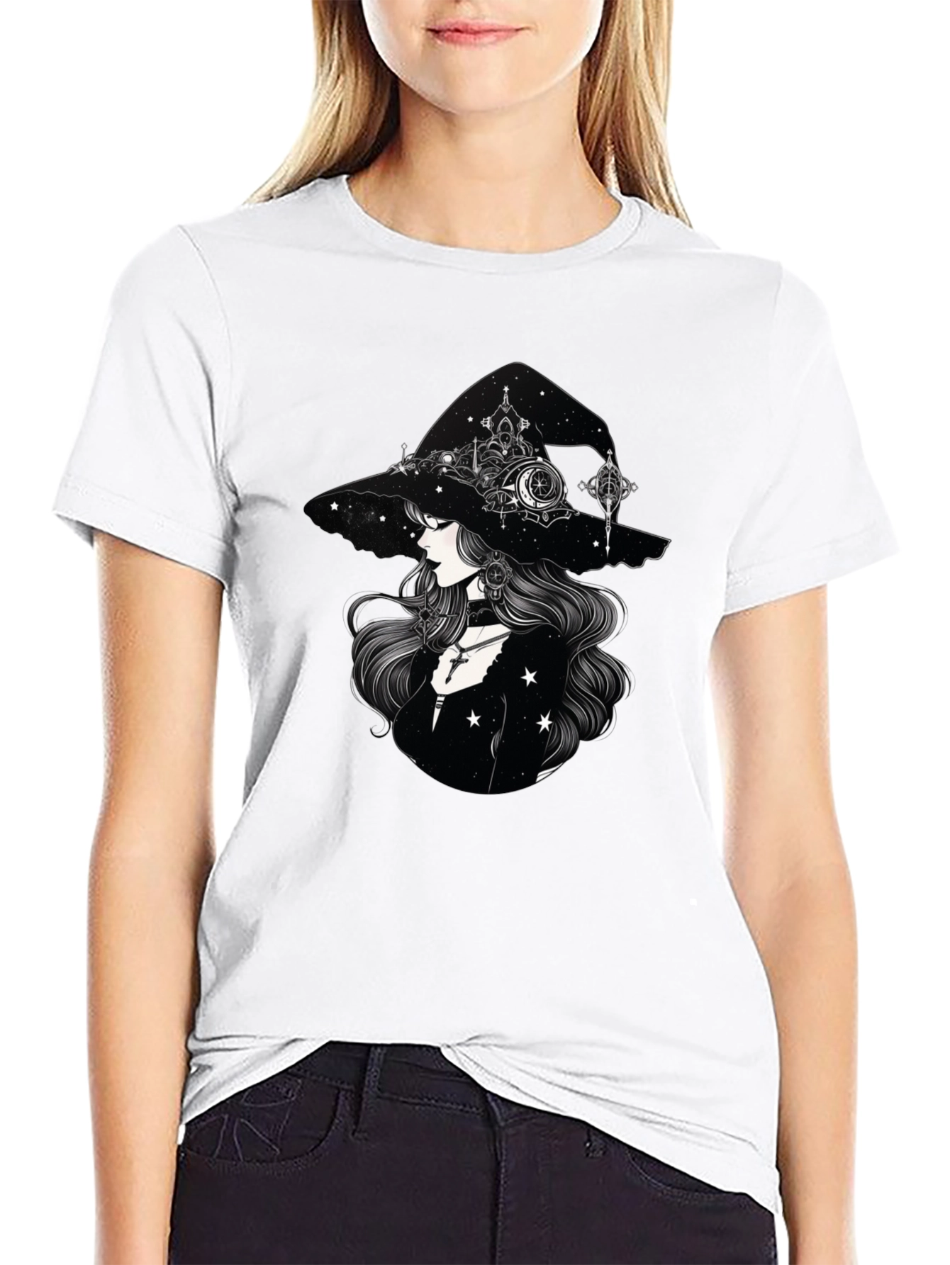Celestial Witch Graphic Tee - Black Cotton Shirt