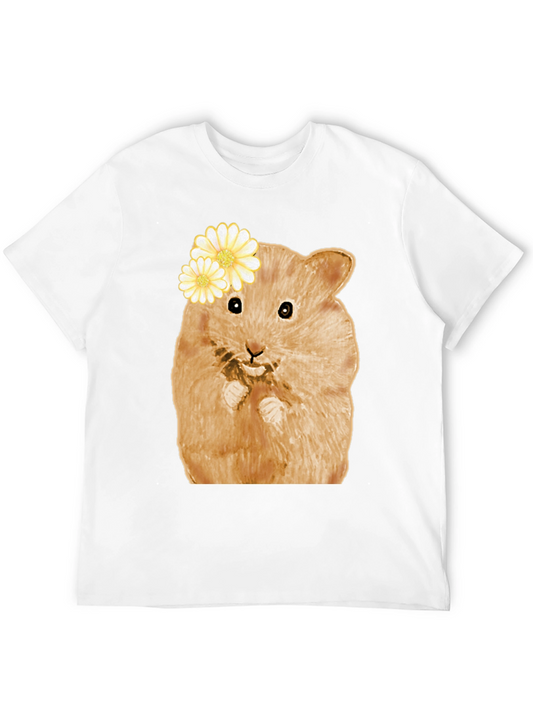 Hamster Wearing Flowers Black T-Shirt