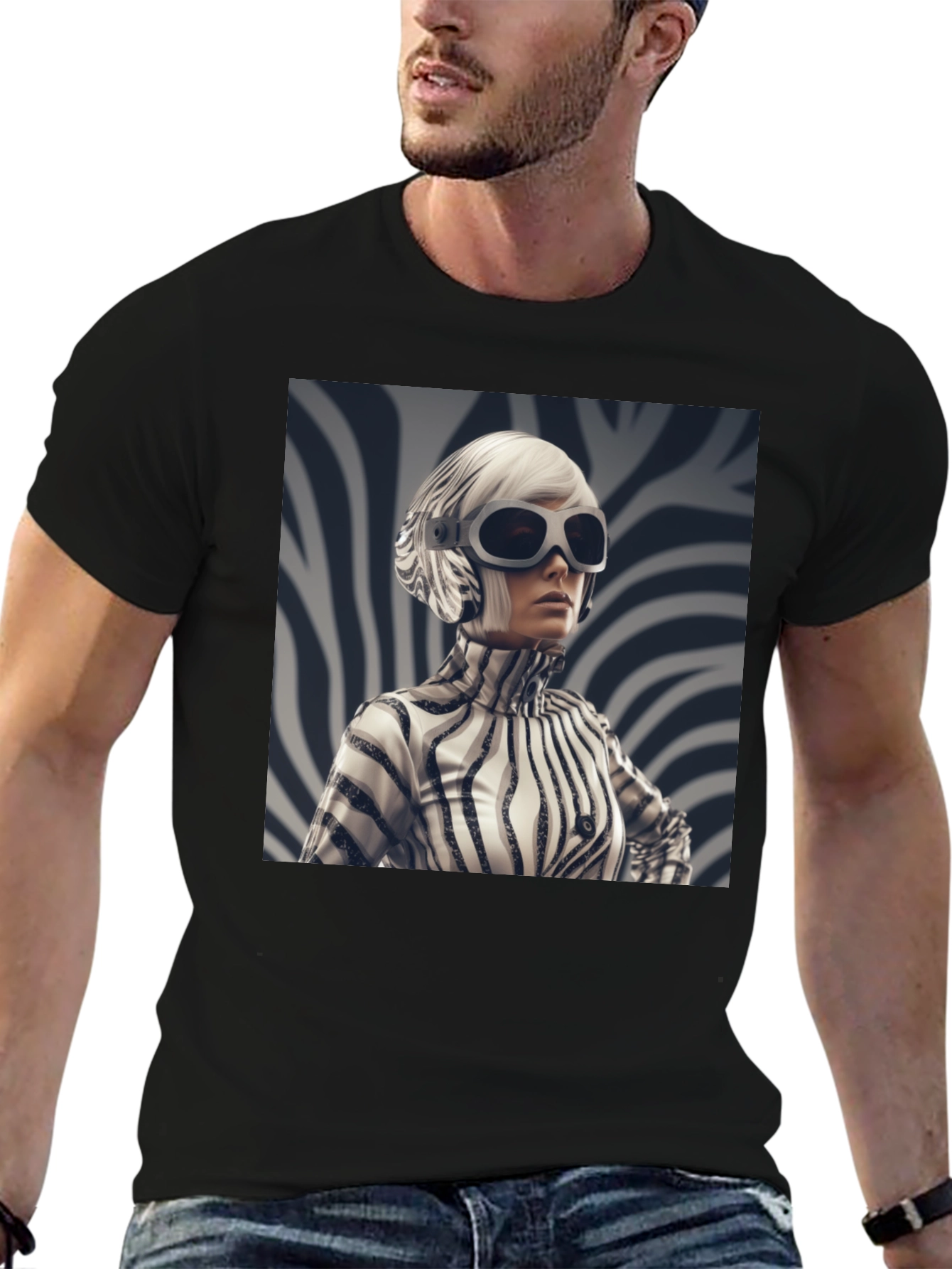 Stylish Black Tee with Zebra Print Design