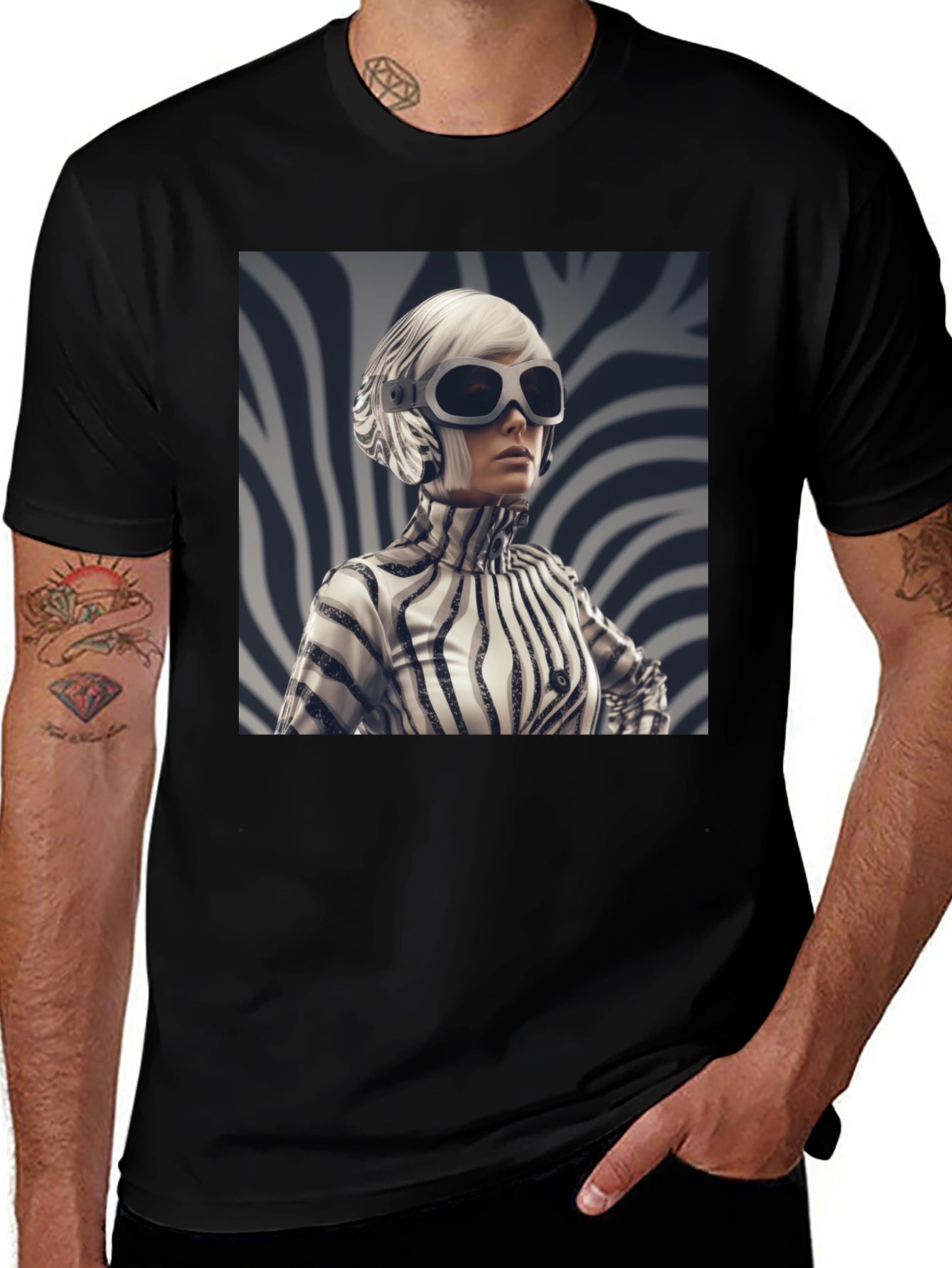 Stylish Black Tee with Zebra Print Design