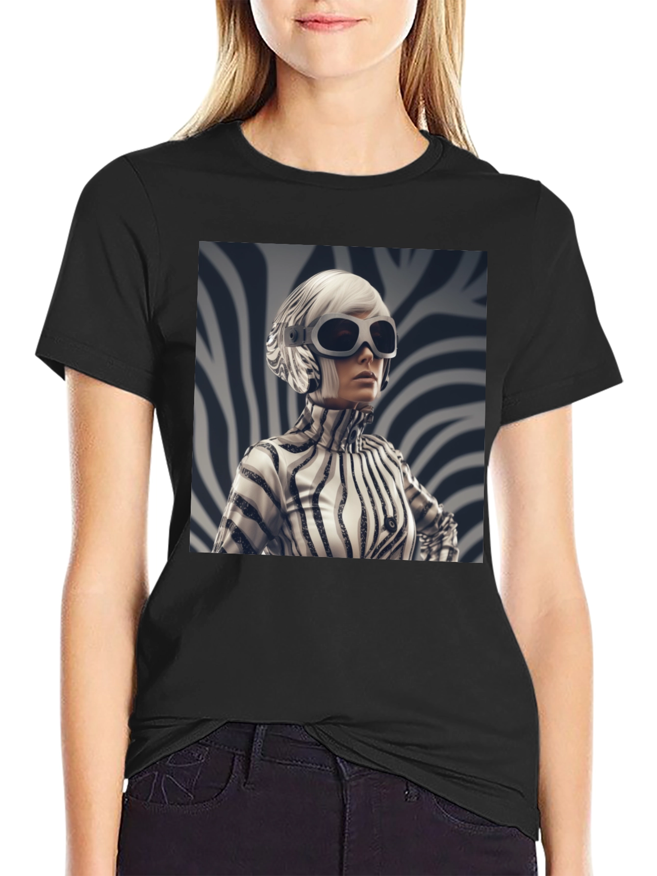 Stylish Black Tee with Zebra Print Design
