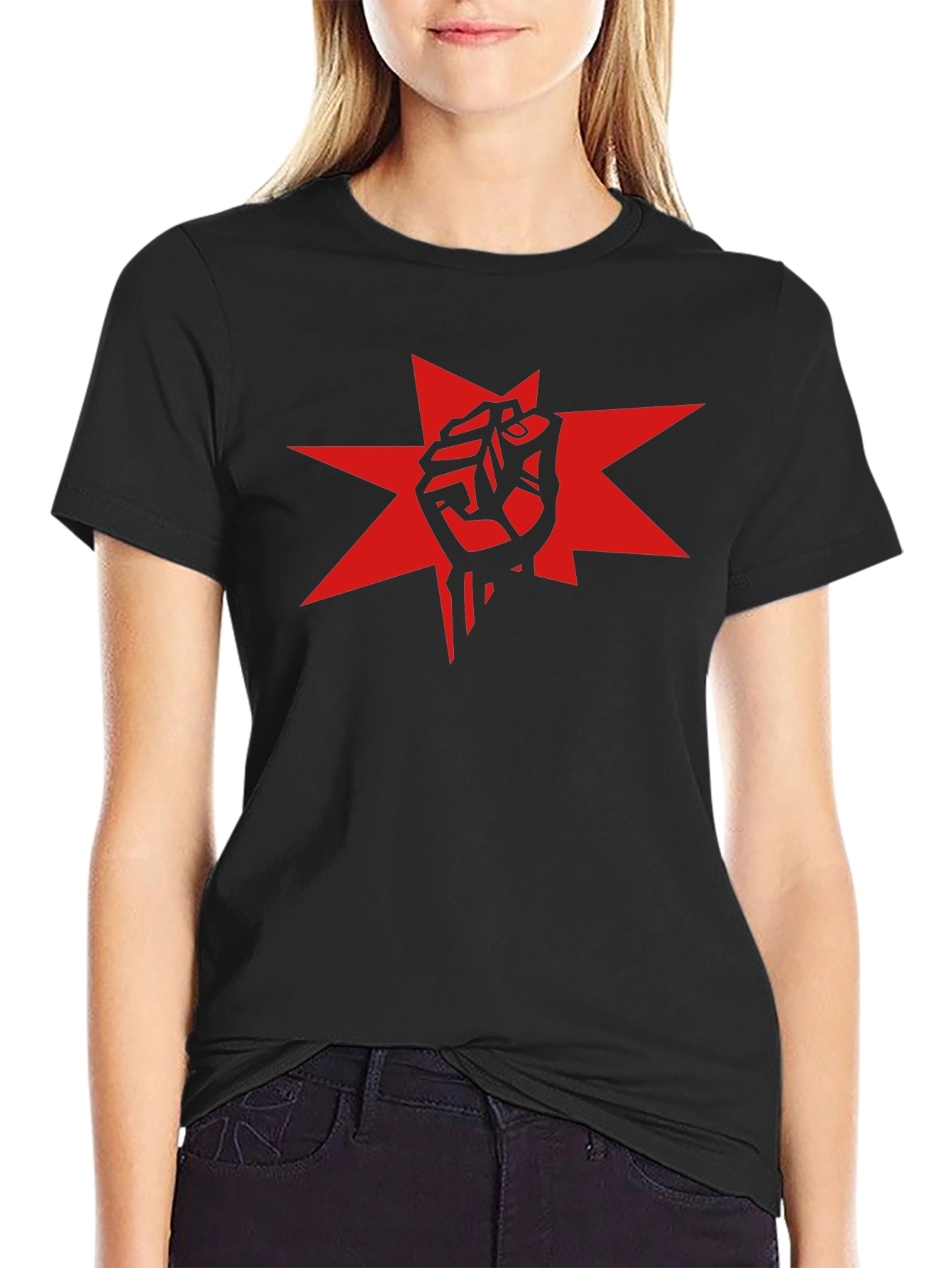 Red Fist Star Graphic Black T-Shirt
