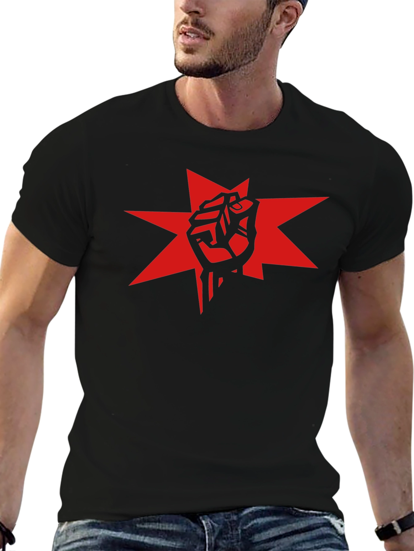Red Fist Star Graphic Black T-Shirt